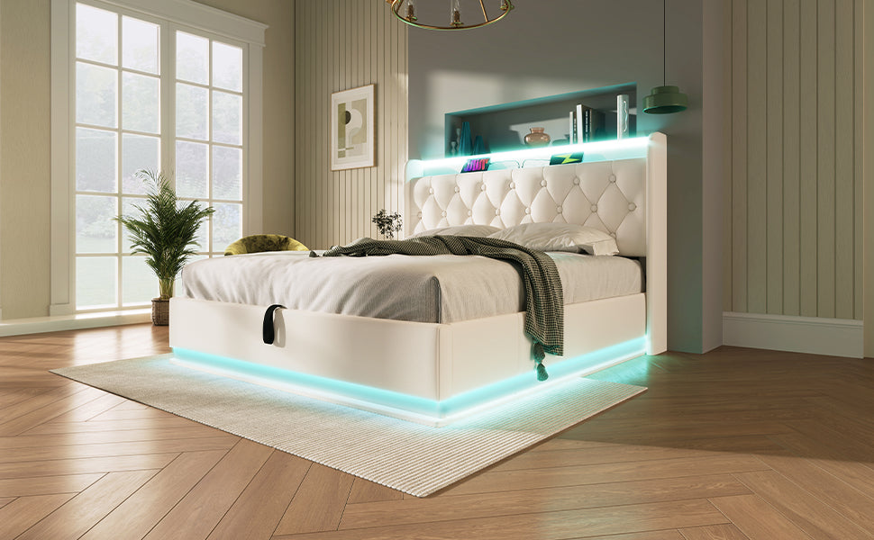 Logidon gestoffeerd bed tweepersoonsbed 140x200 cm wit PU 360 Surround LED