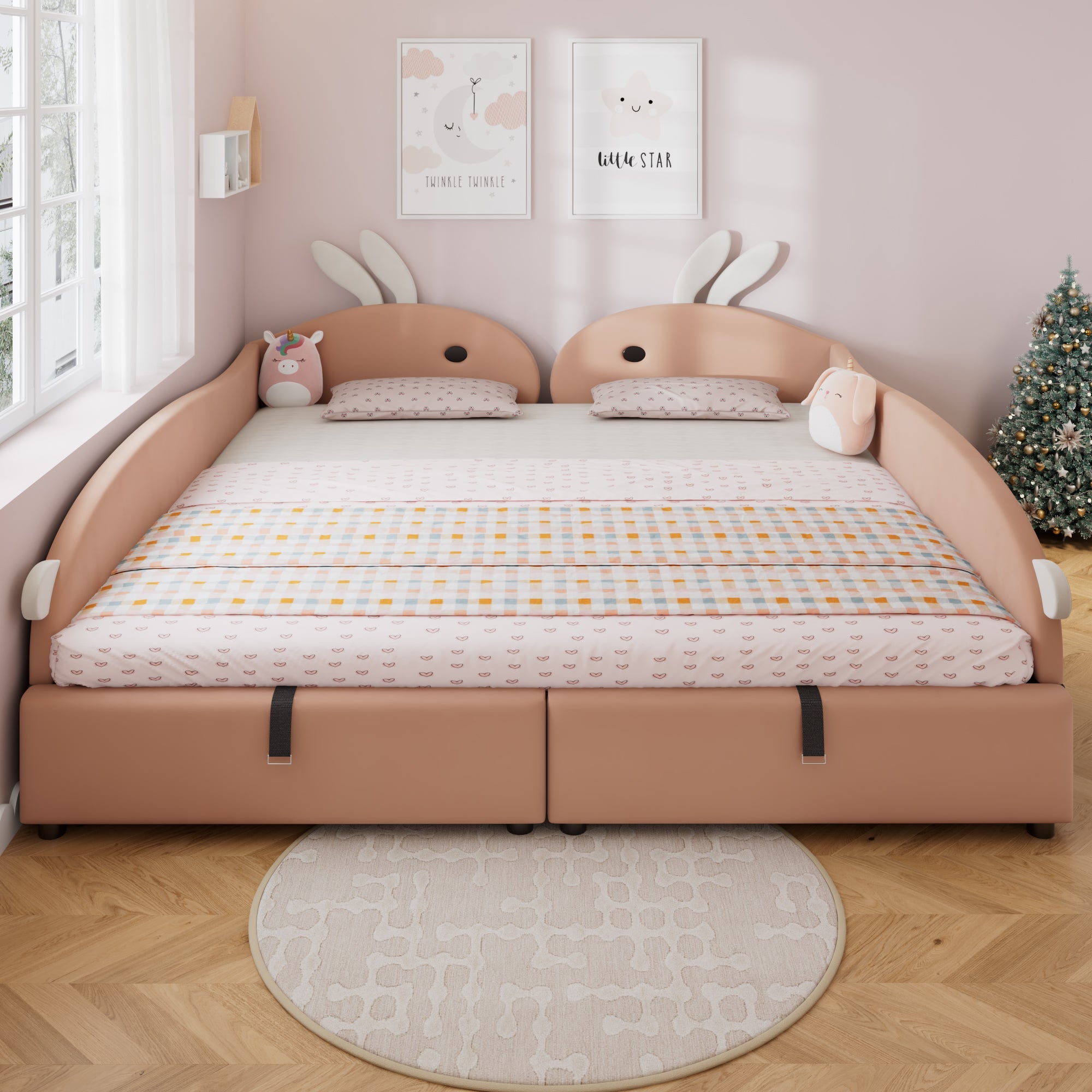 Logidon gestoffeerd bed 90x200 cm roze fluwelen konijn hoofdbord met opbergruimte