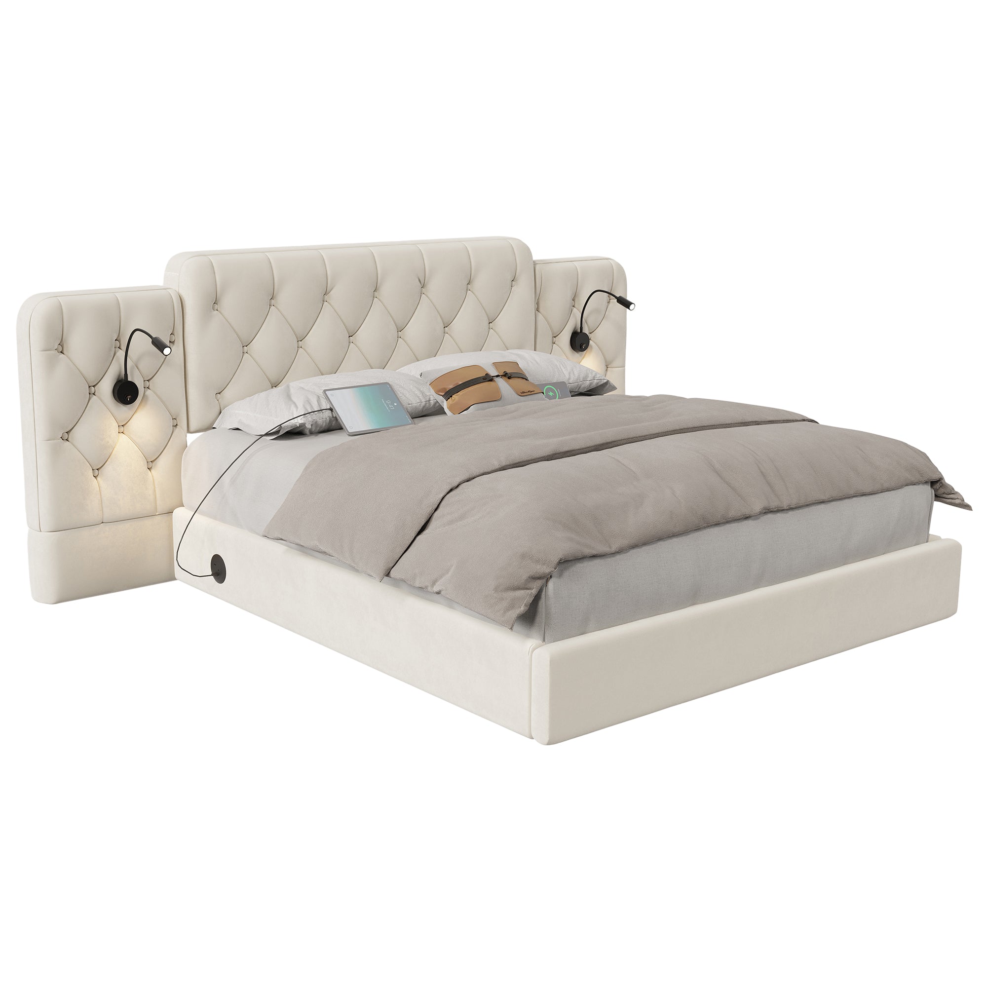 Logidon bedframe beige fluweel met lang hoofdeinde en USB-poorten