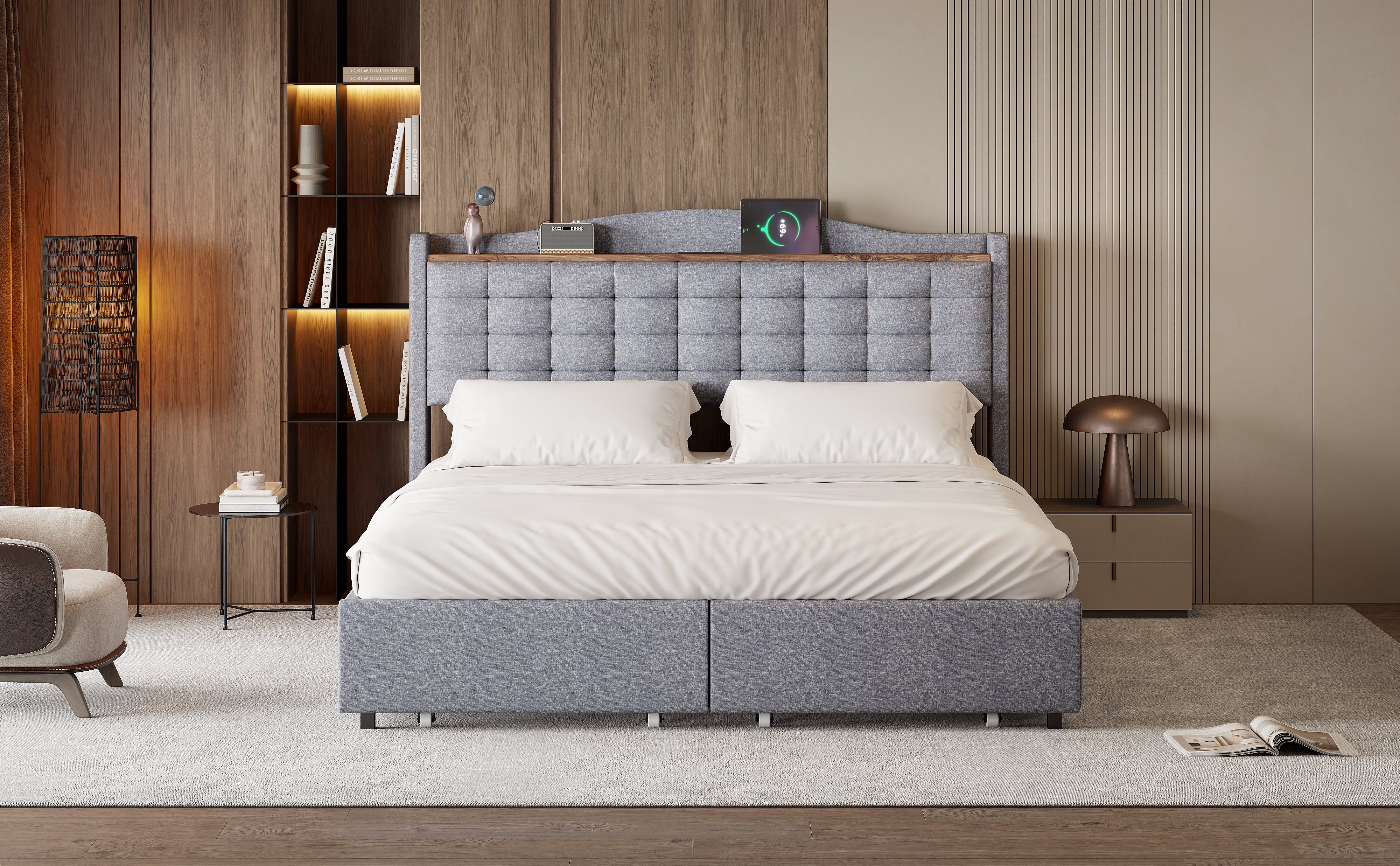 Logidon gestoffeerd bed 160x200 grijs USB-oplaadpoort