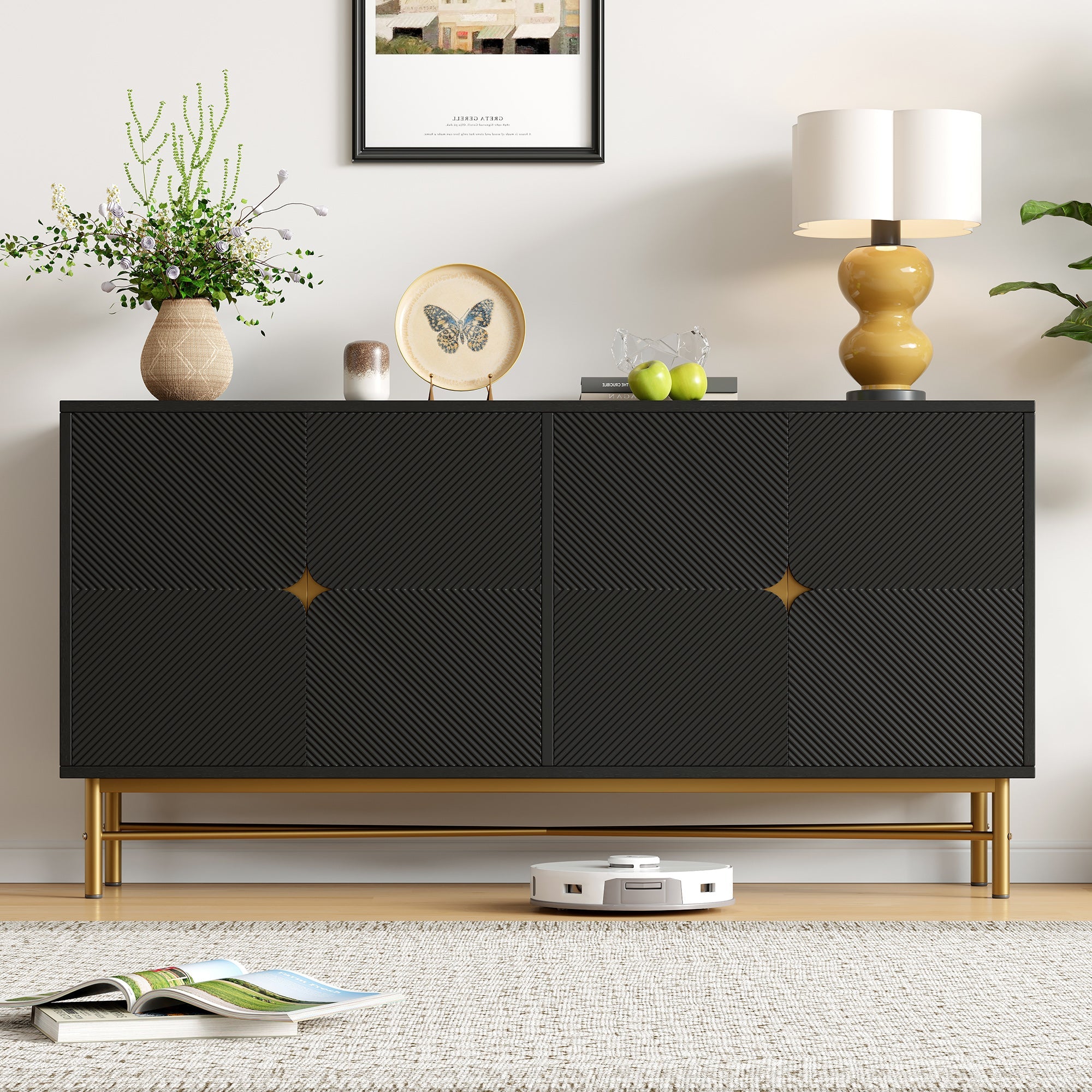Logidon dressoir luxe structuur 160×40×82 cm zwarte hoogglans poten