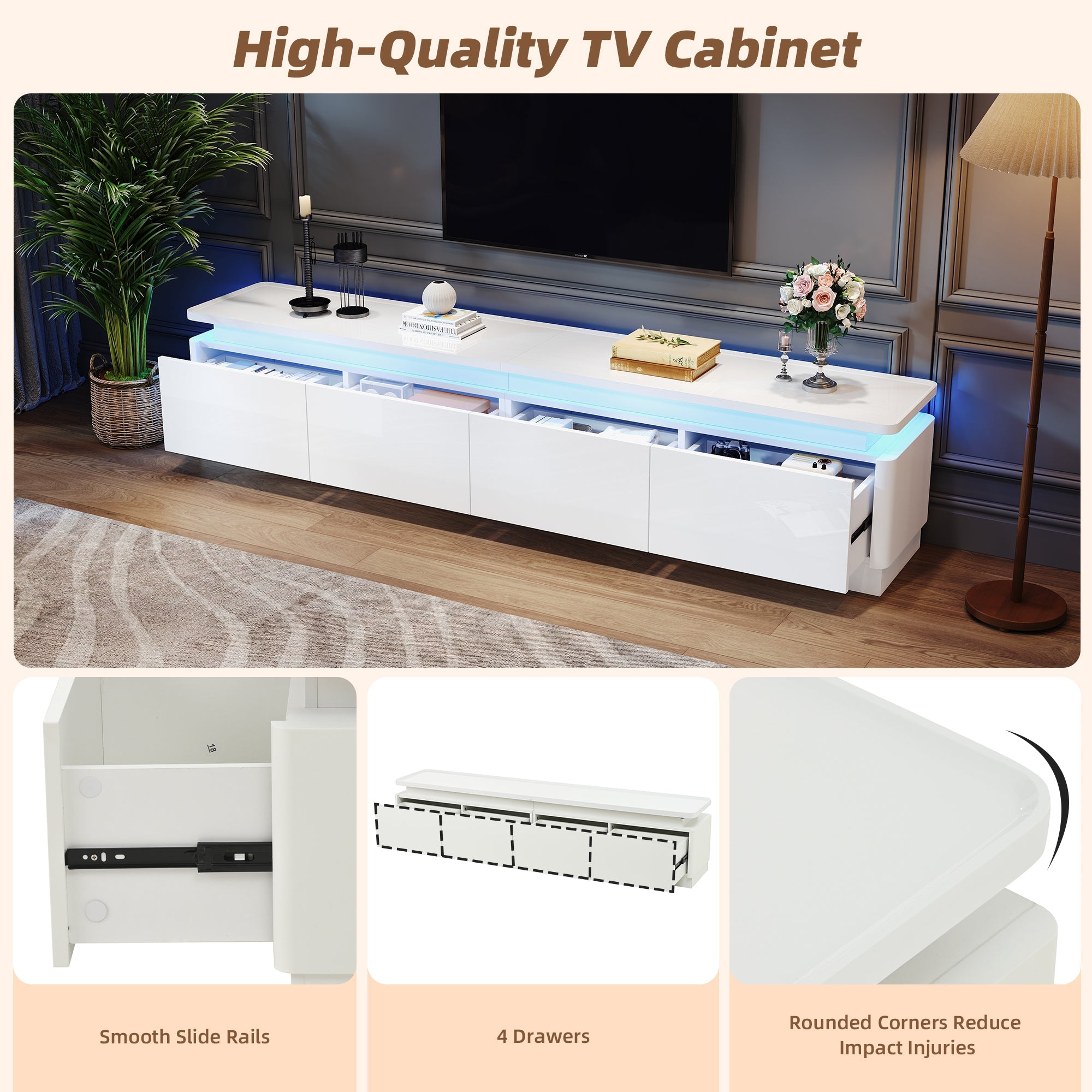 Logidon TV-meubel wit 180x34x40 cm met LED-verlichting 4 lades