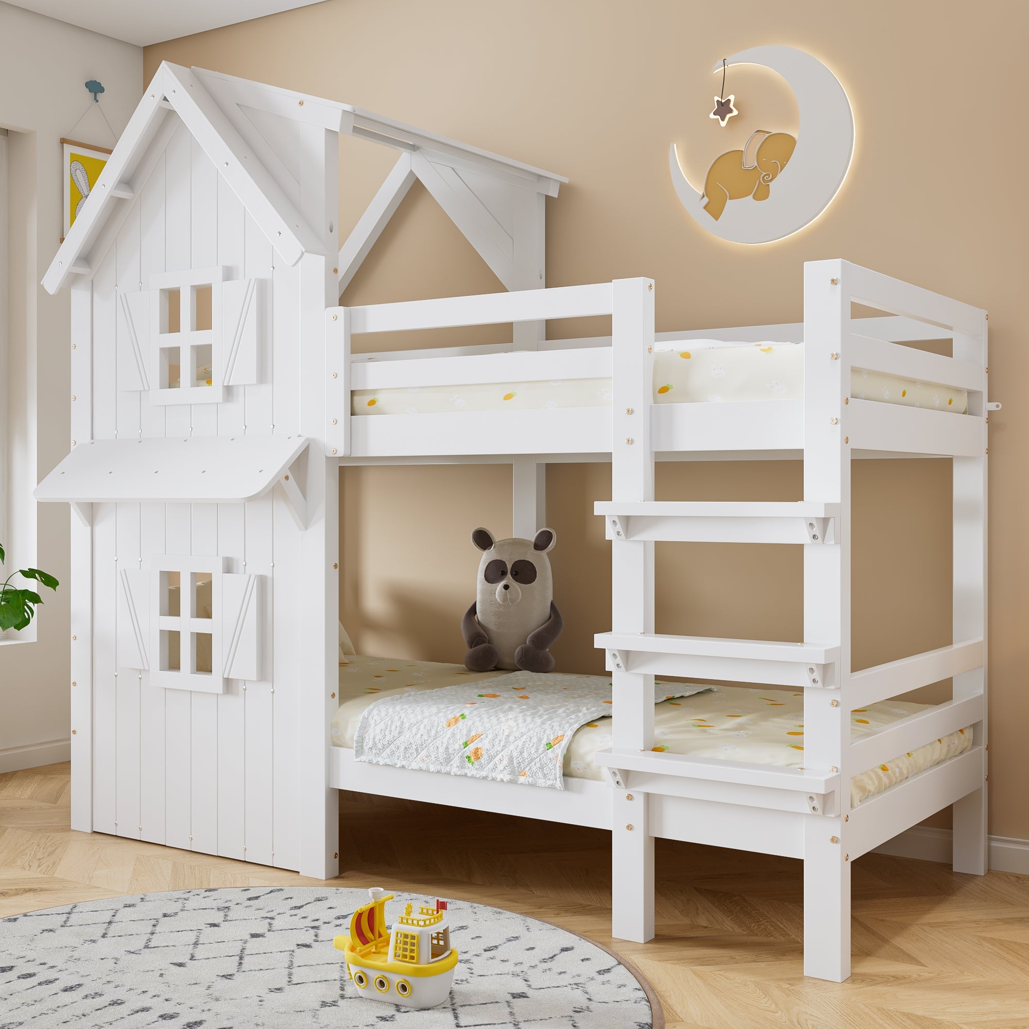 Logidon stapelbed huisstijl 90x200 wit met raam en dak