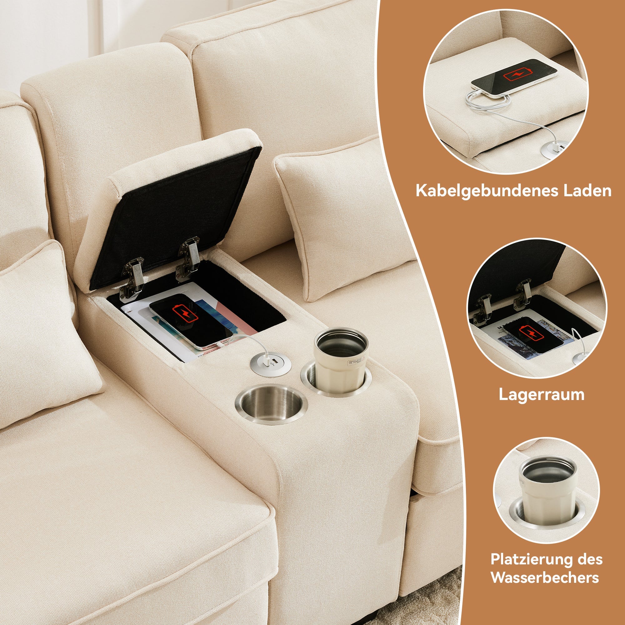 Logidon Modern 4 Seater Sofa Made of Beige Linen Fabric with Console