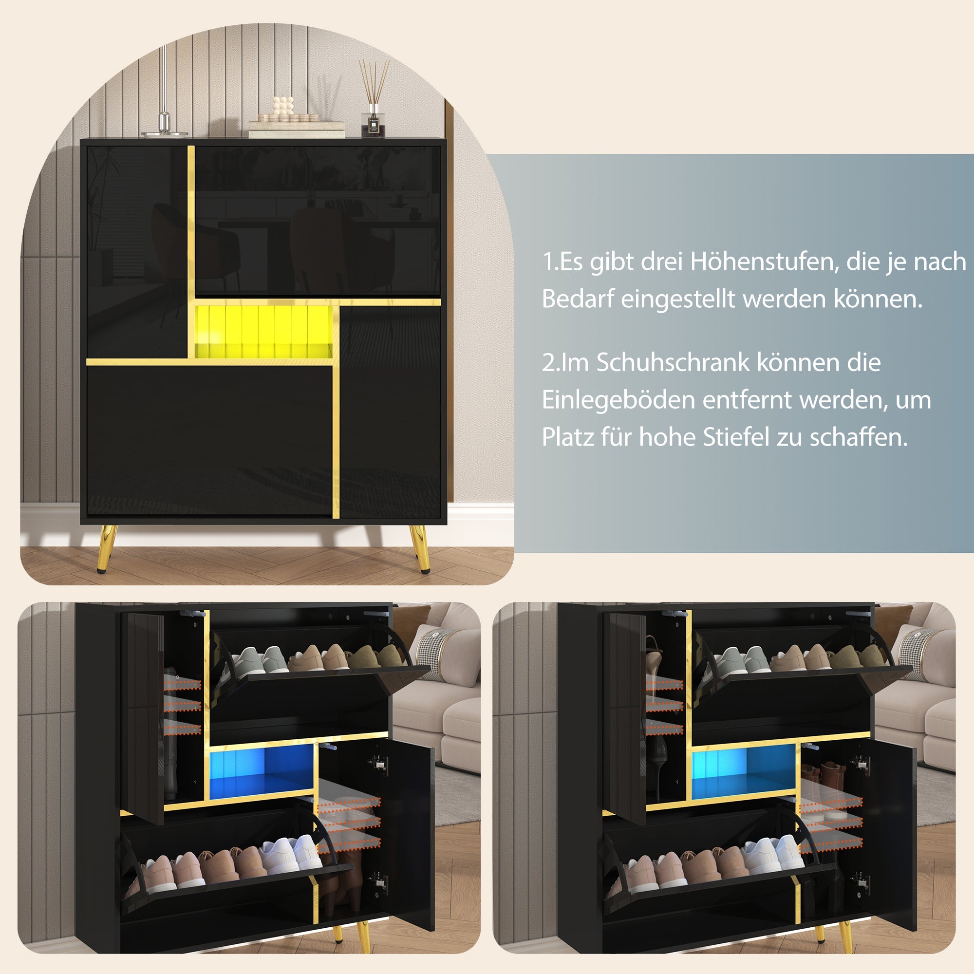Logidon Moderne Schoenenkast Zwart Hoogglans LED 80x25x96 cm