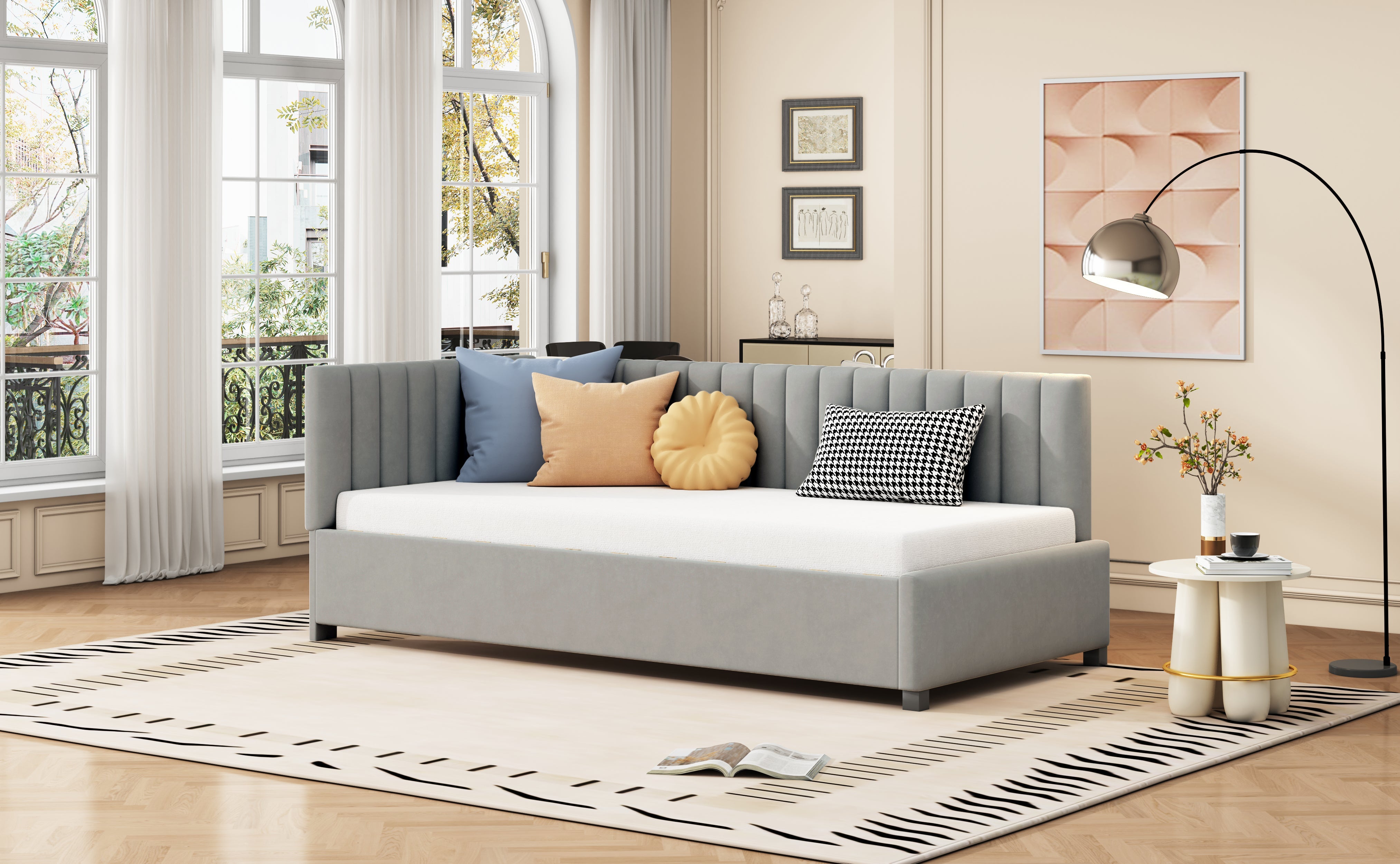 Logidon gestoffeerd bed 90x200 grijs met lattenbodem multifunctioneel bed