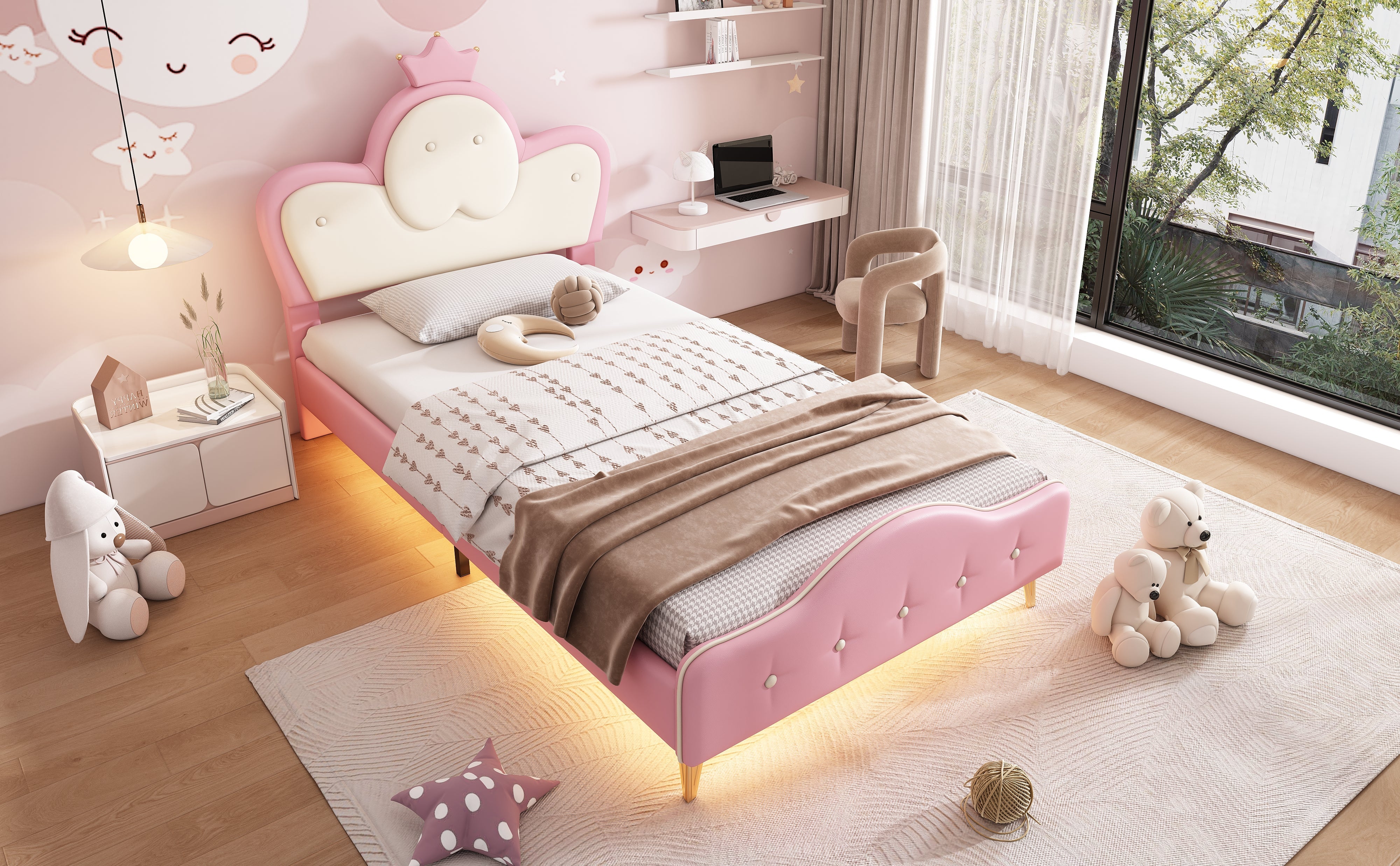 Logidon gestoffeerd bed kinderbed roze wit 90x200 met kroonhoofdbord