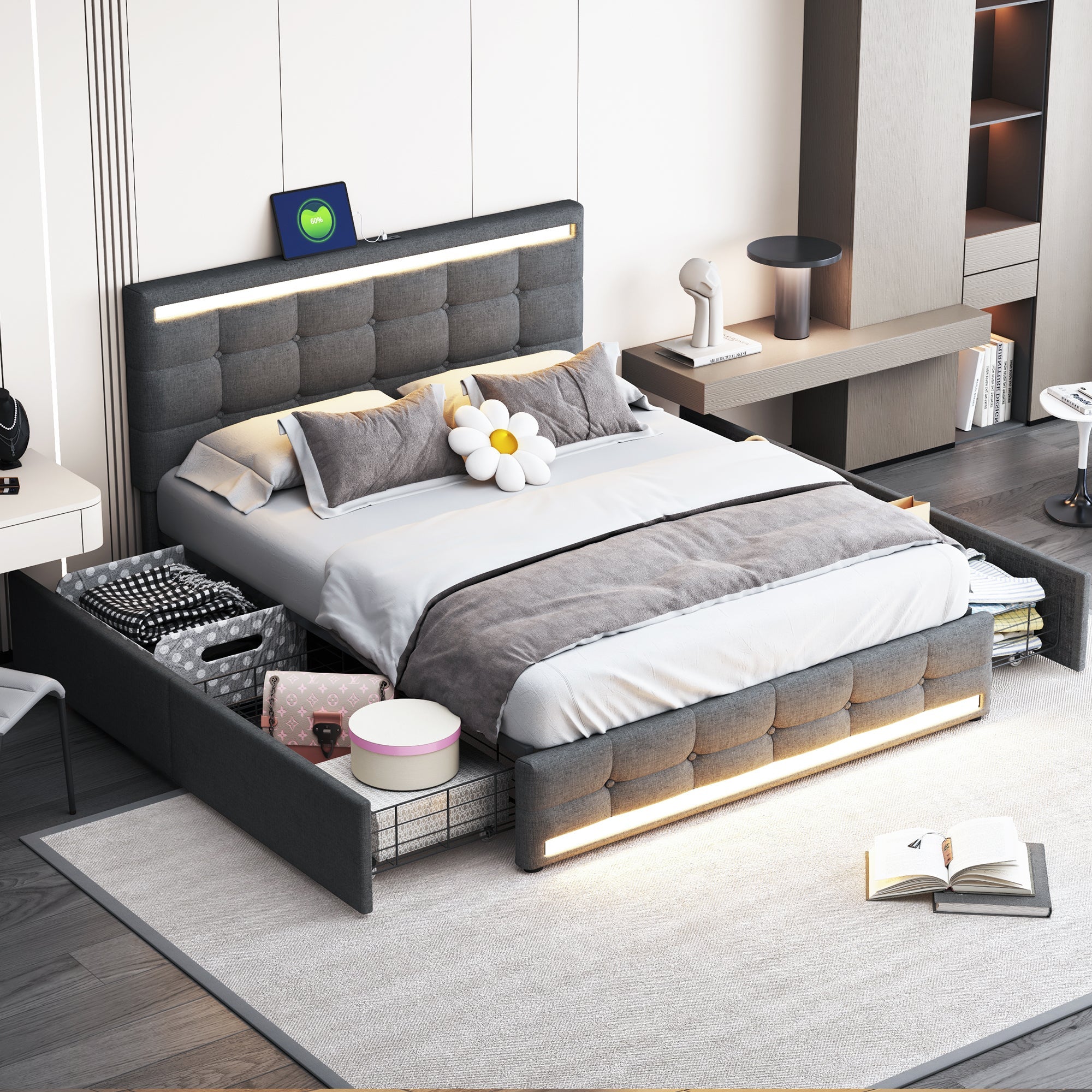 Logidon gestoffeerd bed 140x200 cm grijs LED opbergruimte USB 4 lades