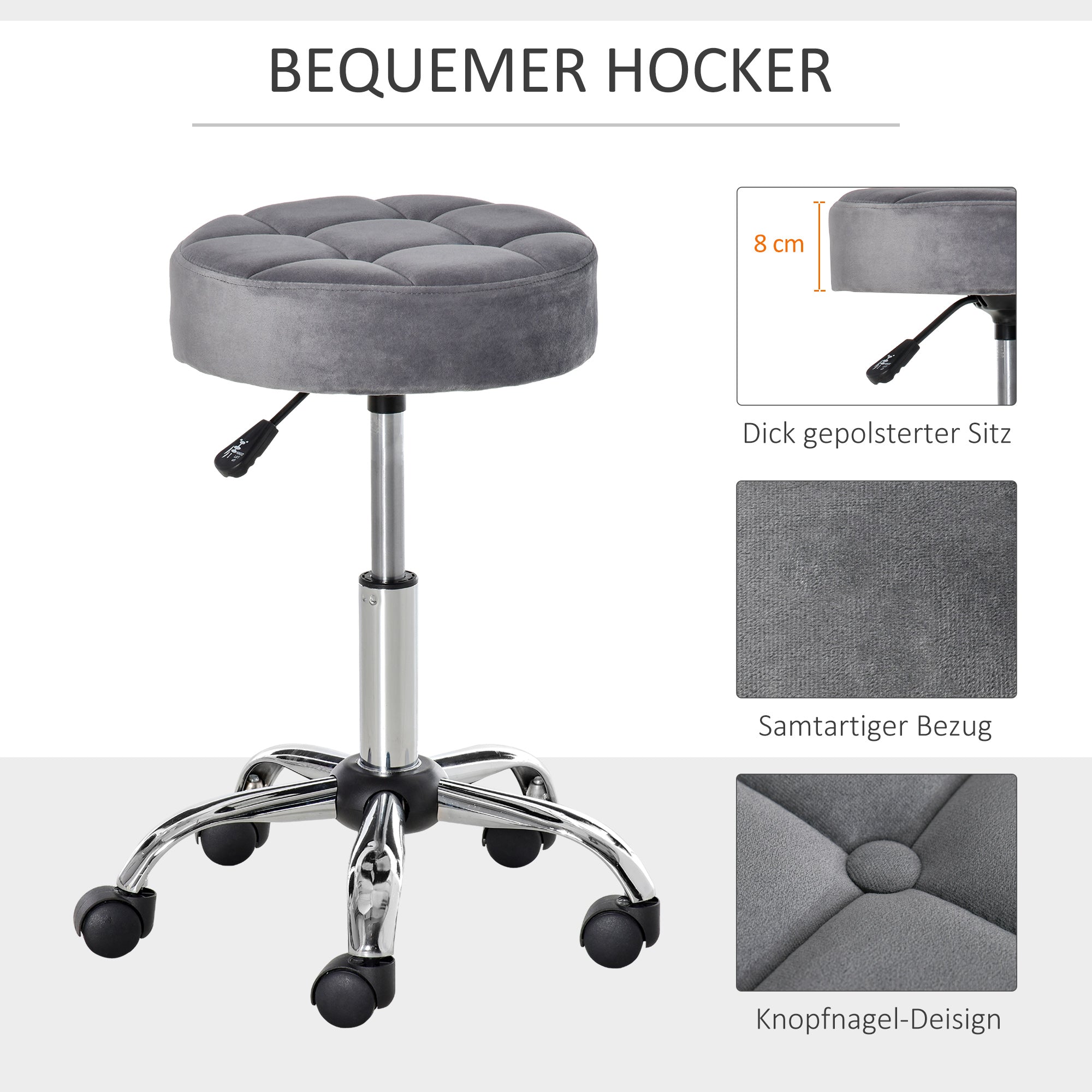 Logidon Verstelbare Salonkruk Grijs Velvet Touch Wielen Chrome Onderstel