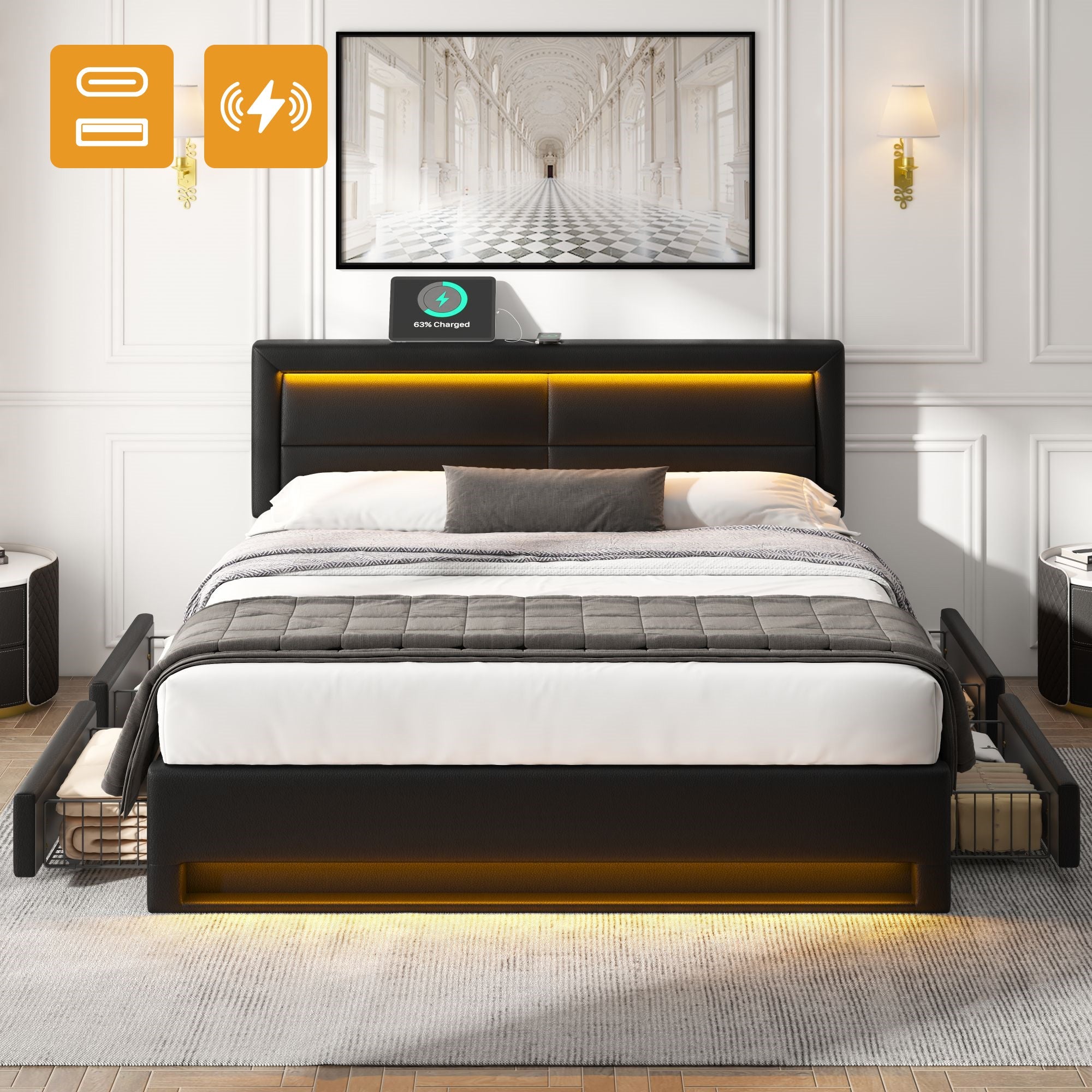 Logidon gestoffeerd bed 140x200 met USB-oplaadpoort en LED-verlichting
