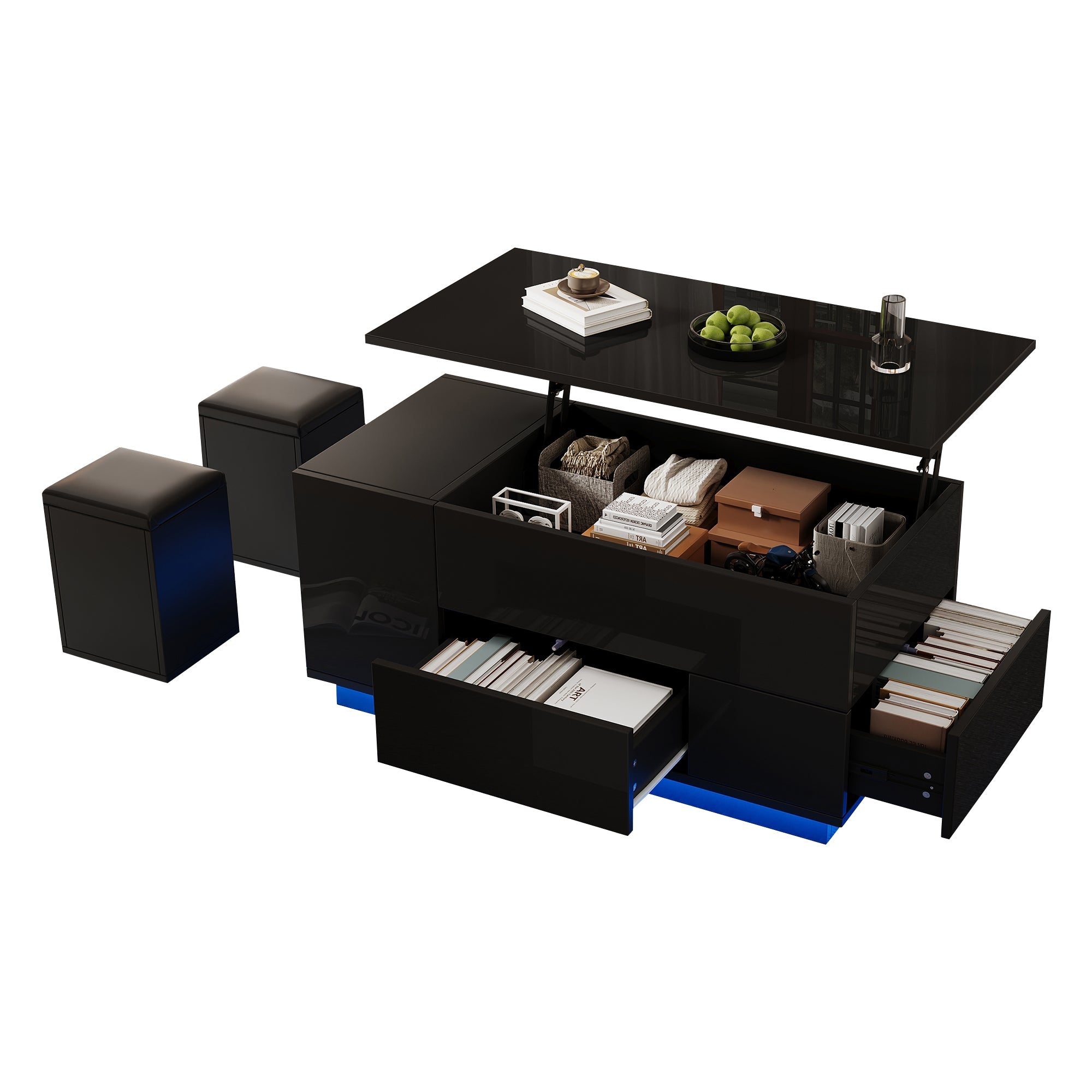 Logidon 4-in-1 in hoogte verstelbare salontafel zwart 100x50x45 cm LED