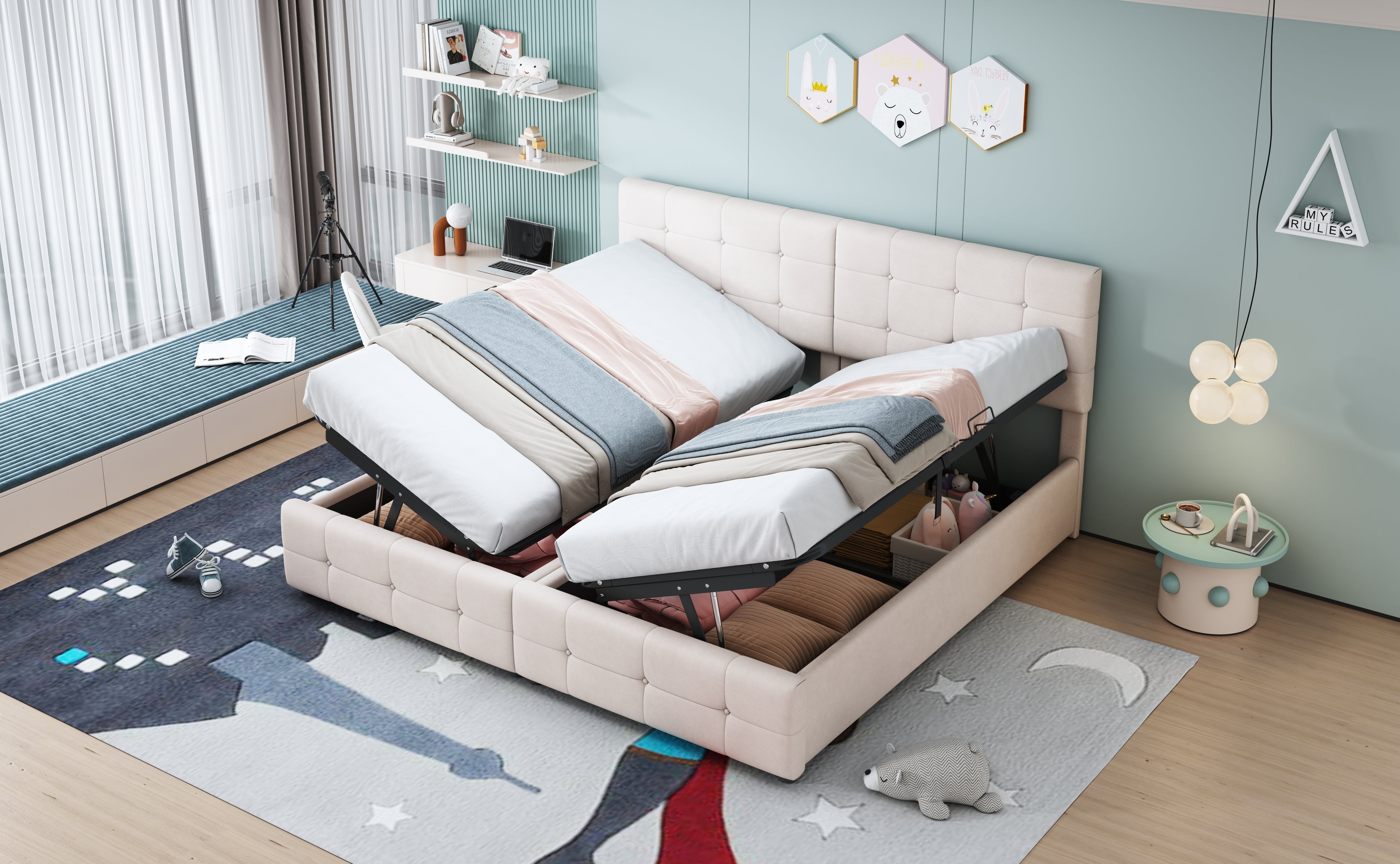 Logidon gestoffeerd bed 180x200 cm hydraulisch opbergbed beige
