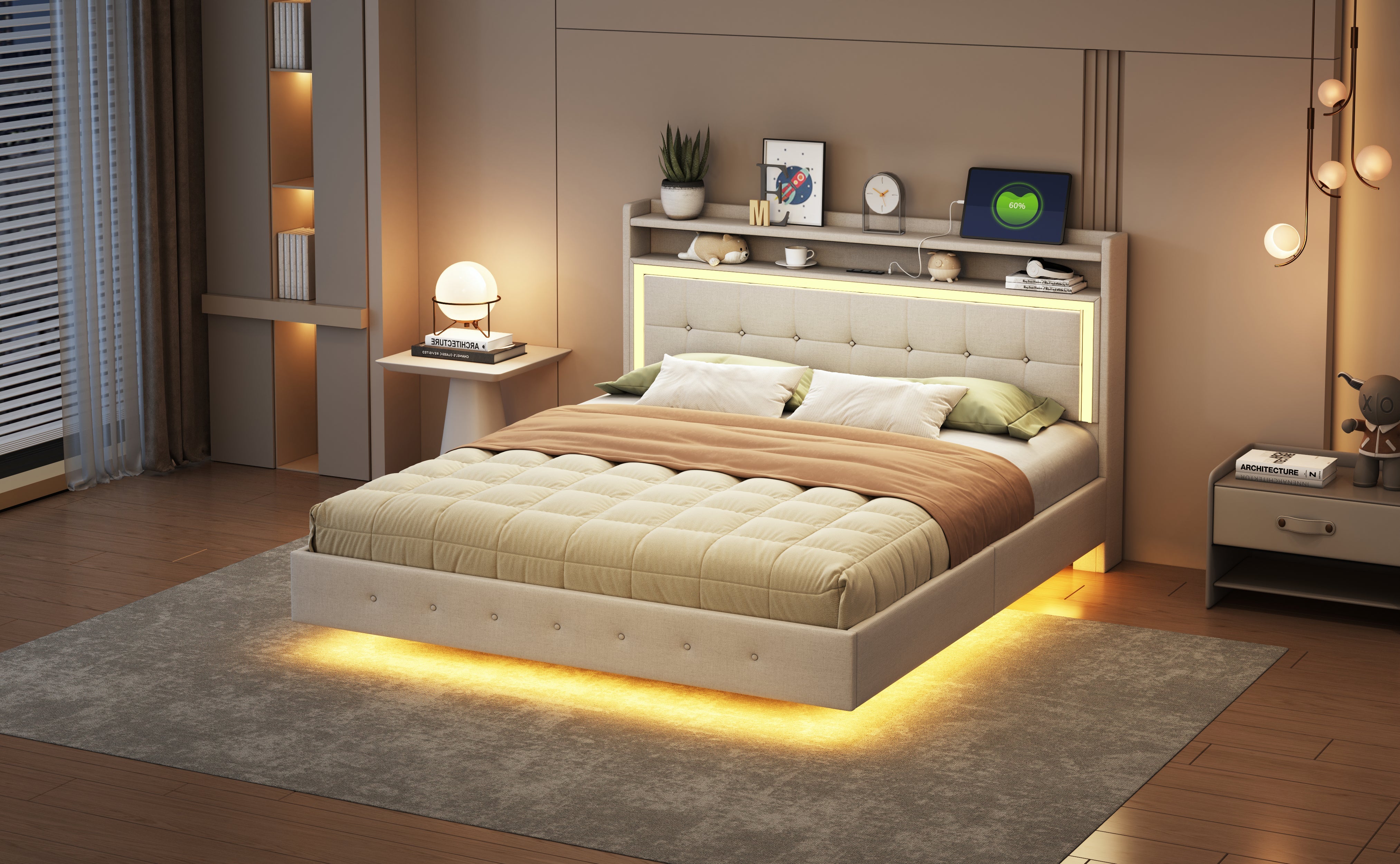 Logidon gestoffeerd bed 160x200 beige met USB-aansluiting en LED-verlichting