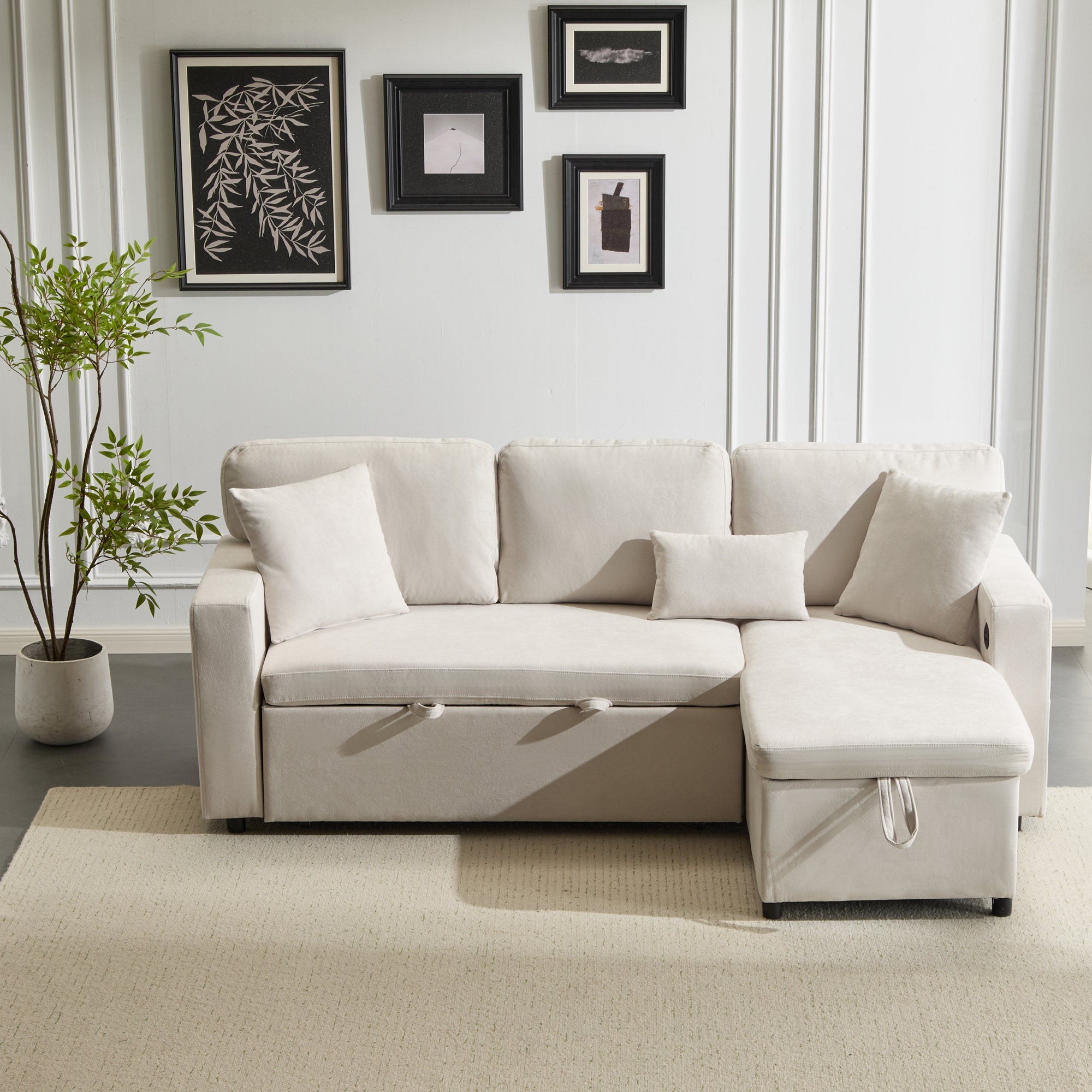 Logidon corner sofa bed L-shape extendable beige with bed box shelf