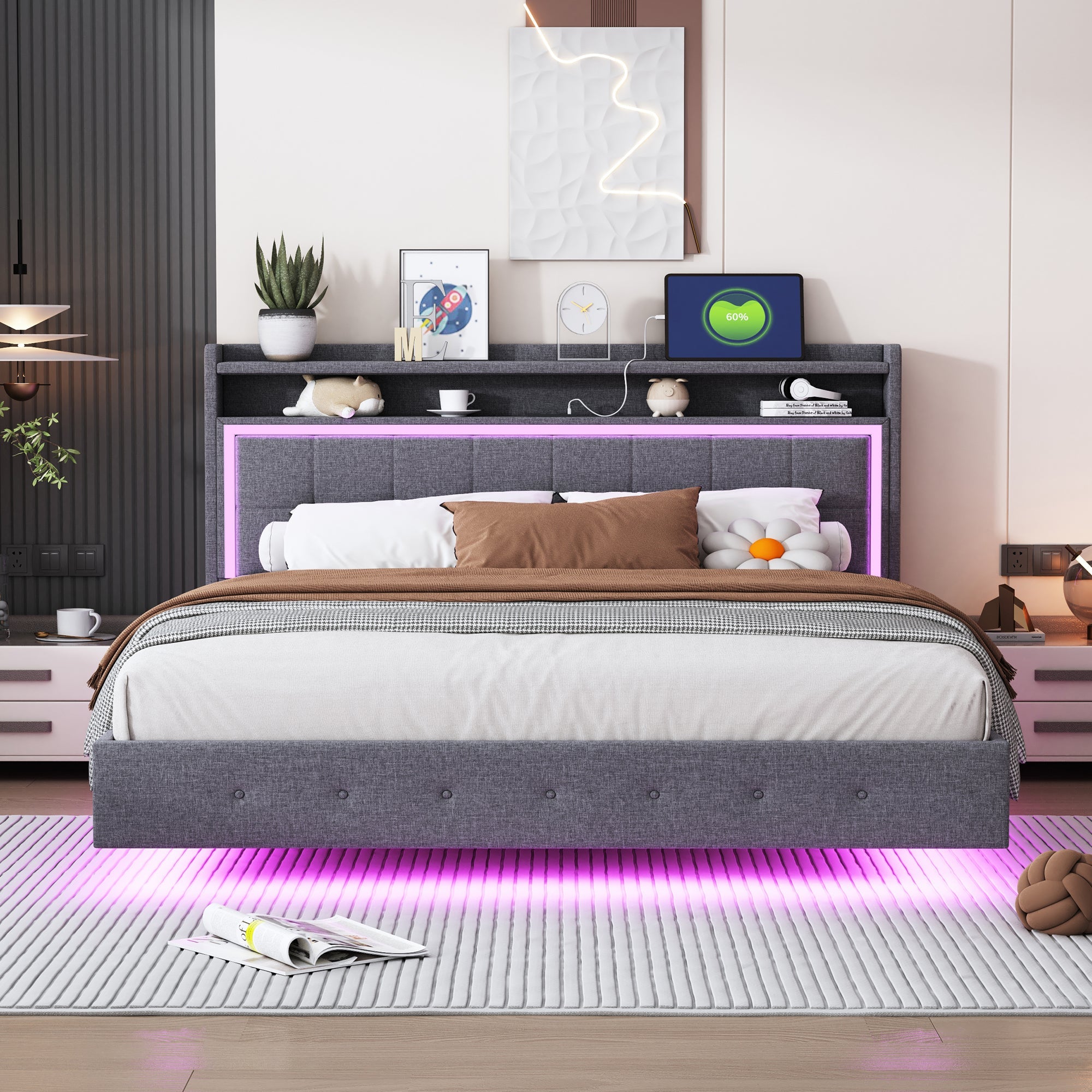 Logidon gestoffeerd bed 160x200 met USB-oplaadfunctie en LED lichtgrijs