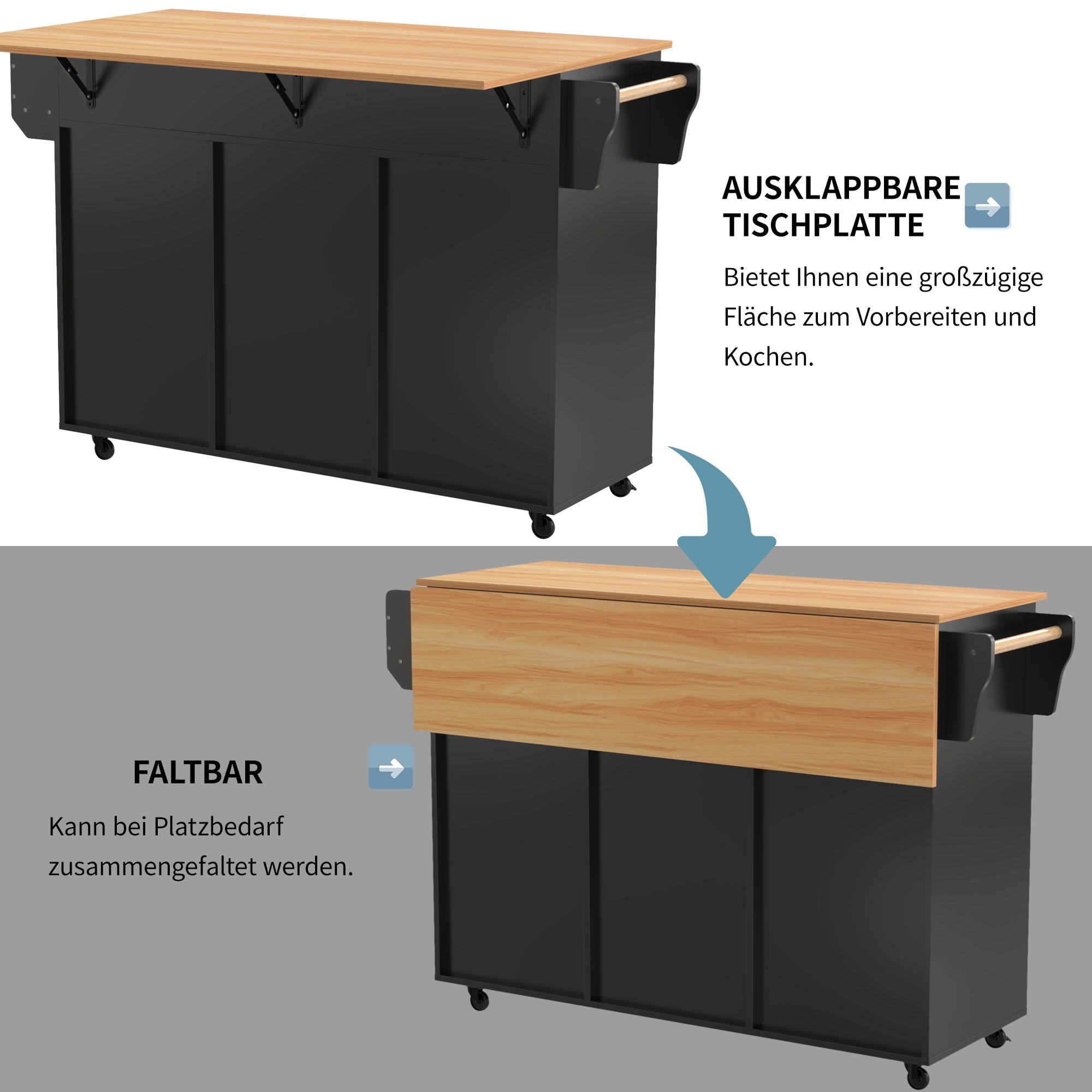 Logidon keukentrolley zwart met houtlook en opklapbaar werkblad