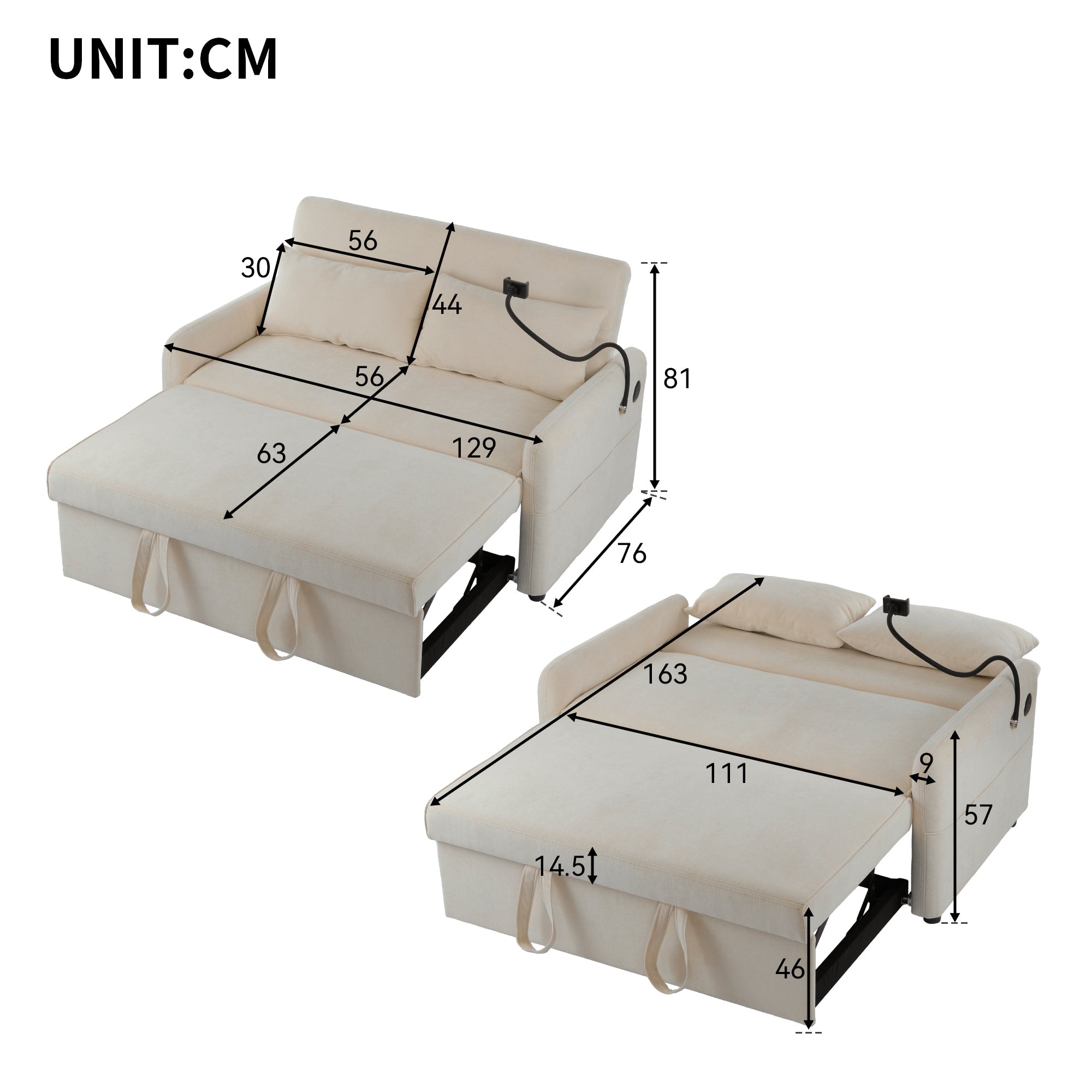 Logidon Modern Double Folding Sofa Beige Chenille With Sleep Function