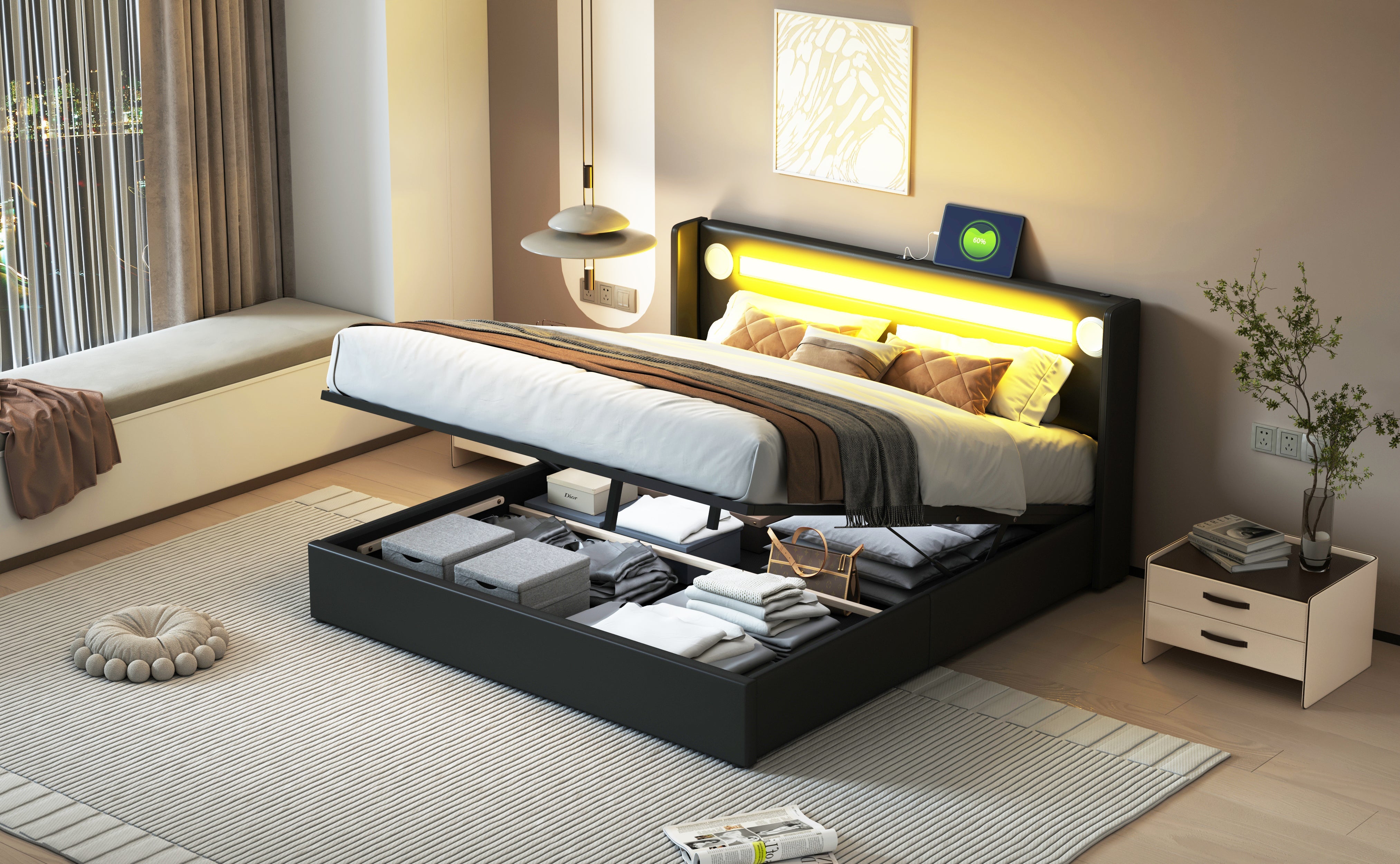Logidon gestoffeerd bed 160x200 zwart met LED lichtstrip USB opladen