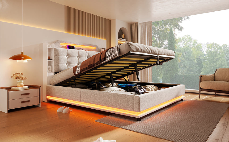 Logidon gestoffeerd bed 140x200 beige met LED lichtstrip en opbergruimte