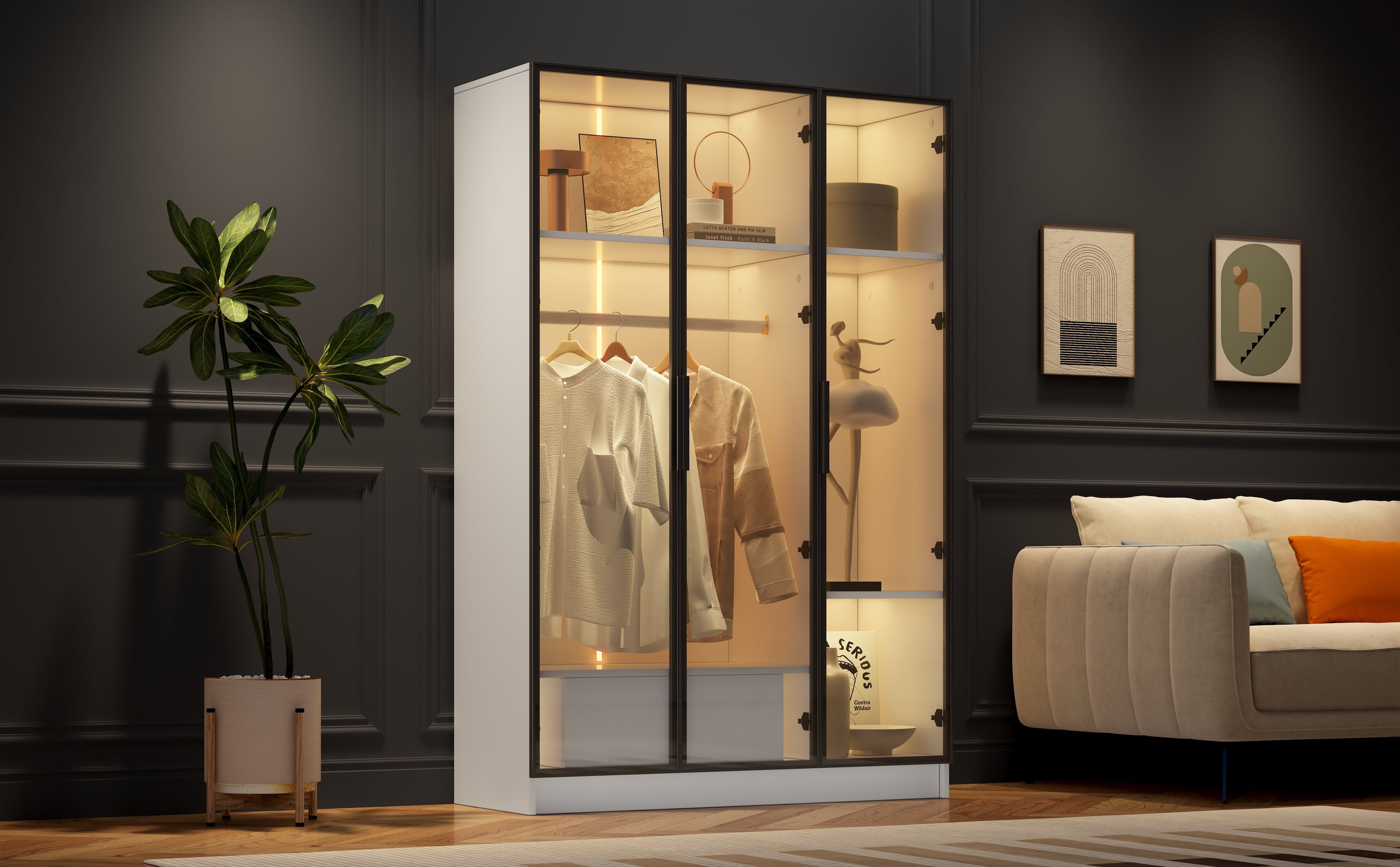Logidon Witte kledingkast 110x50x160 cm met 3 glazen deuren LED