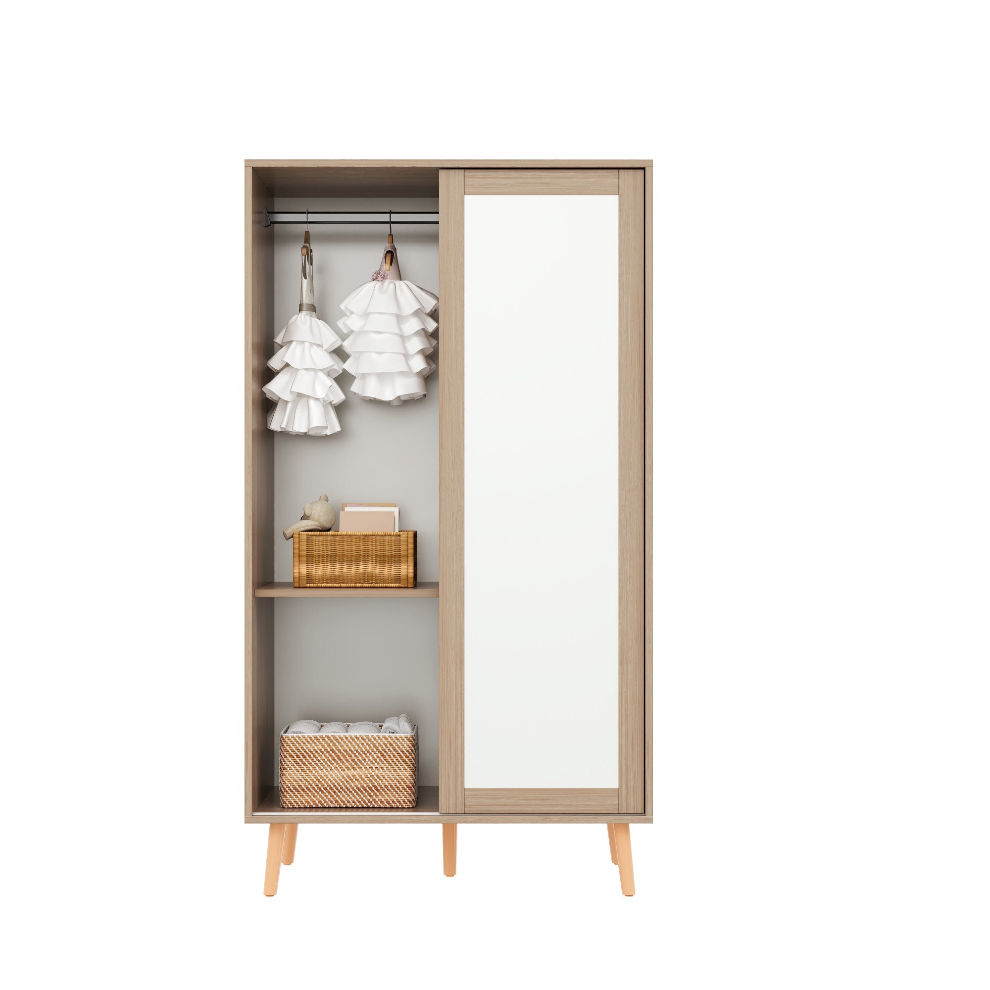 Logidon Children's Wardrobe Sliding Door Open Wardrobe White Natural Wood 141.5 cm