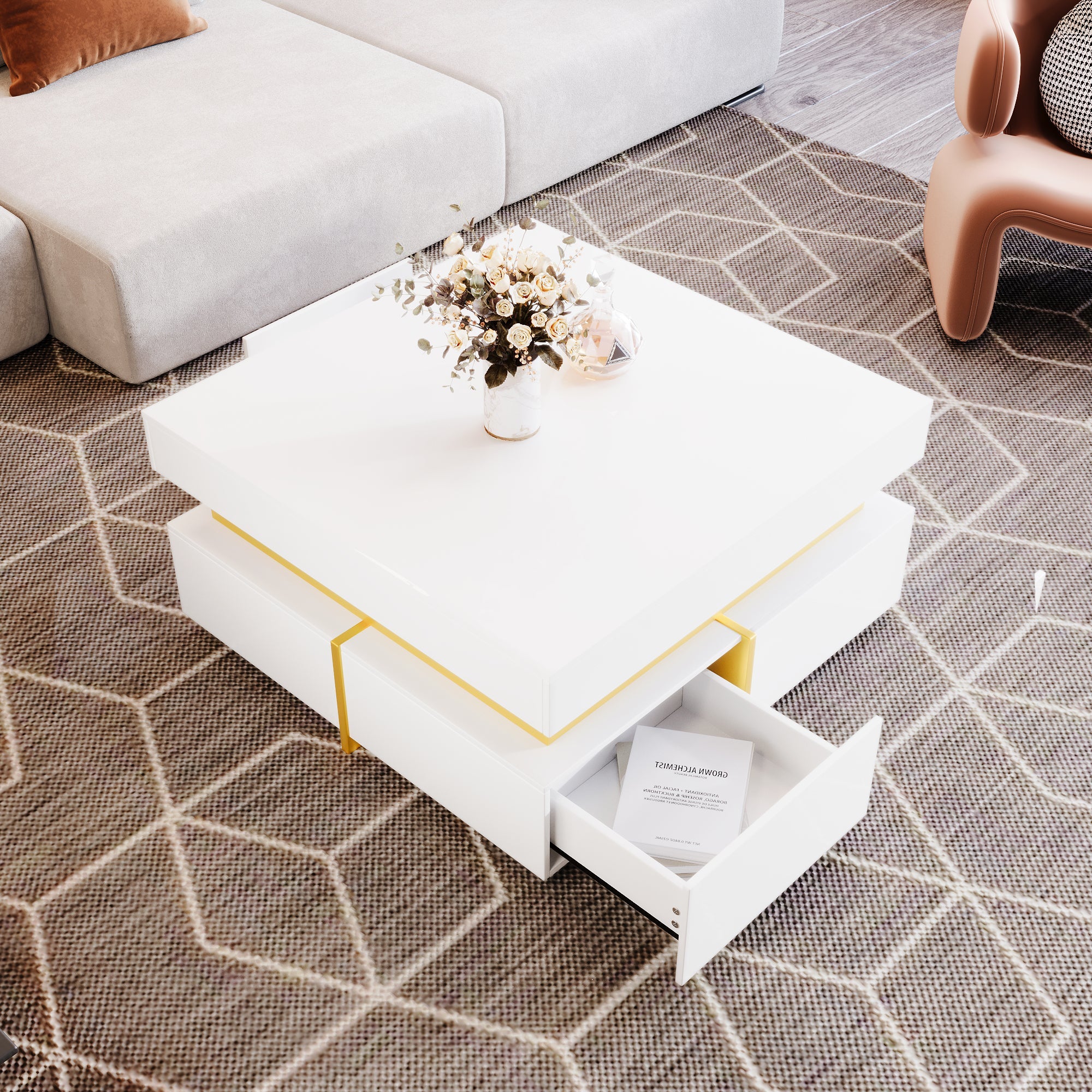 Logidon high gloss coffee table with drawers and gold accents