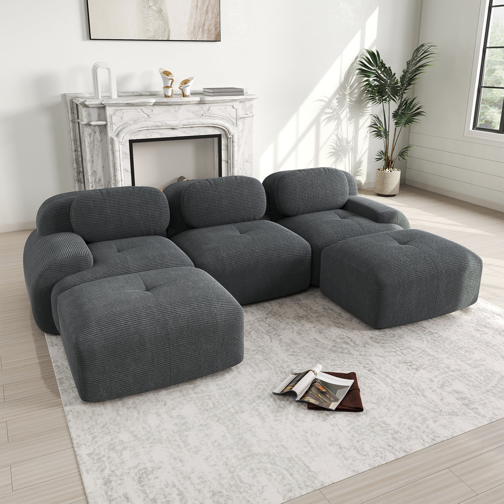 Logidon Modular U Sofa Cord Fabric Gray Non-Slip Pet Friendly