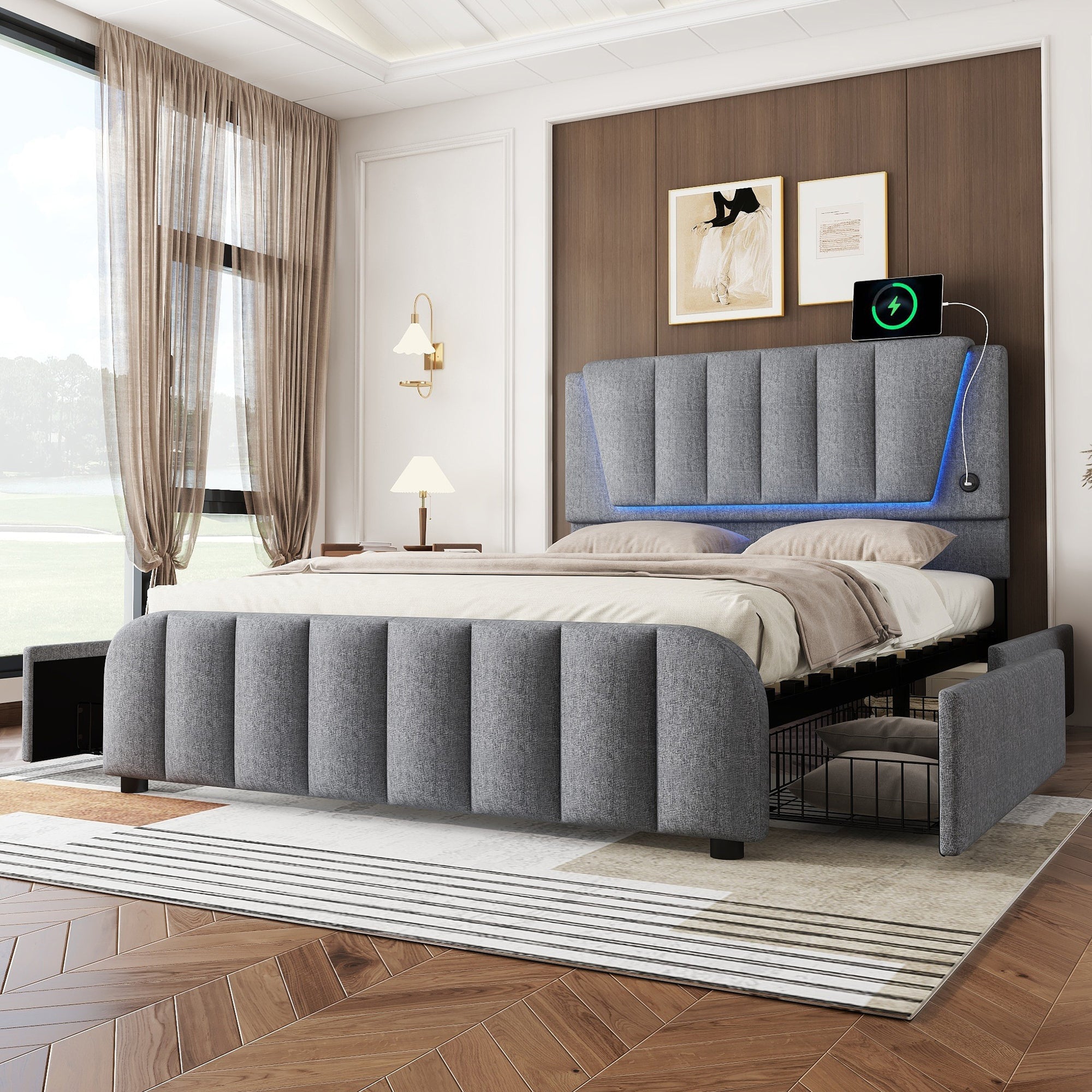 Logidon gestoffeerd bed 140x200 grijs met lattenbodem vier laden
