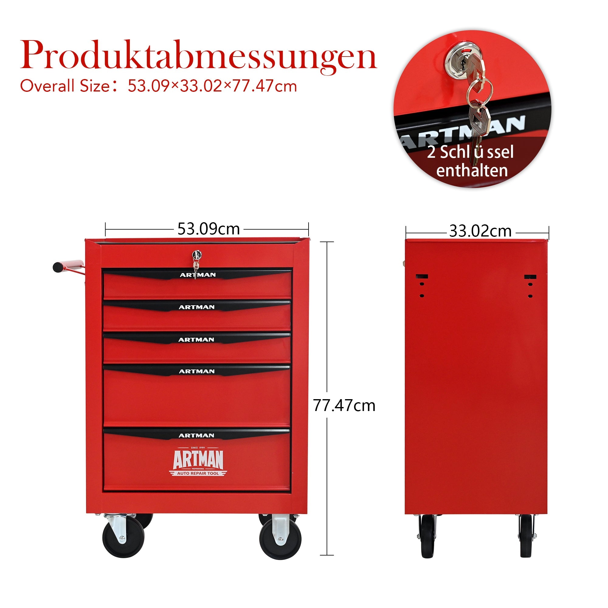 Logidon stalen gereedschapskist met 5 lades rood zwart 52x33x66 cm