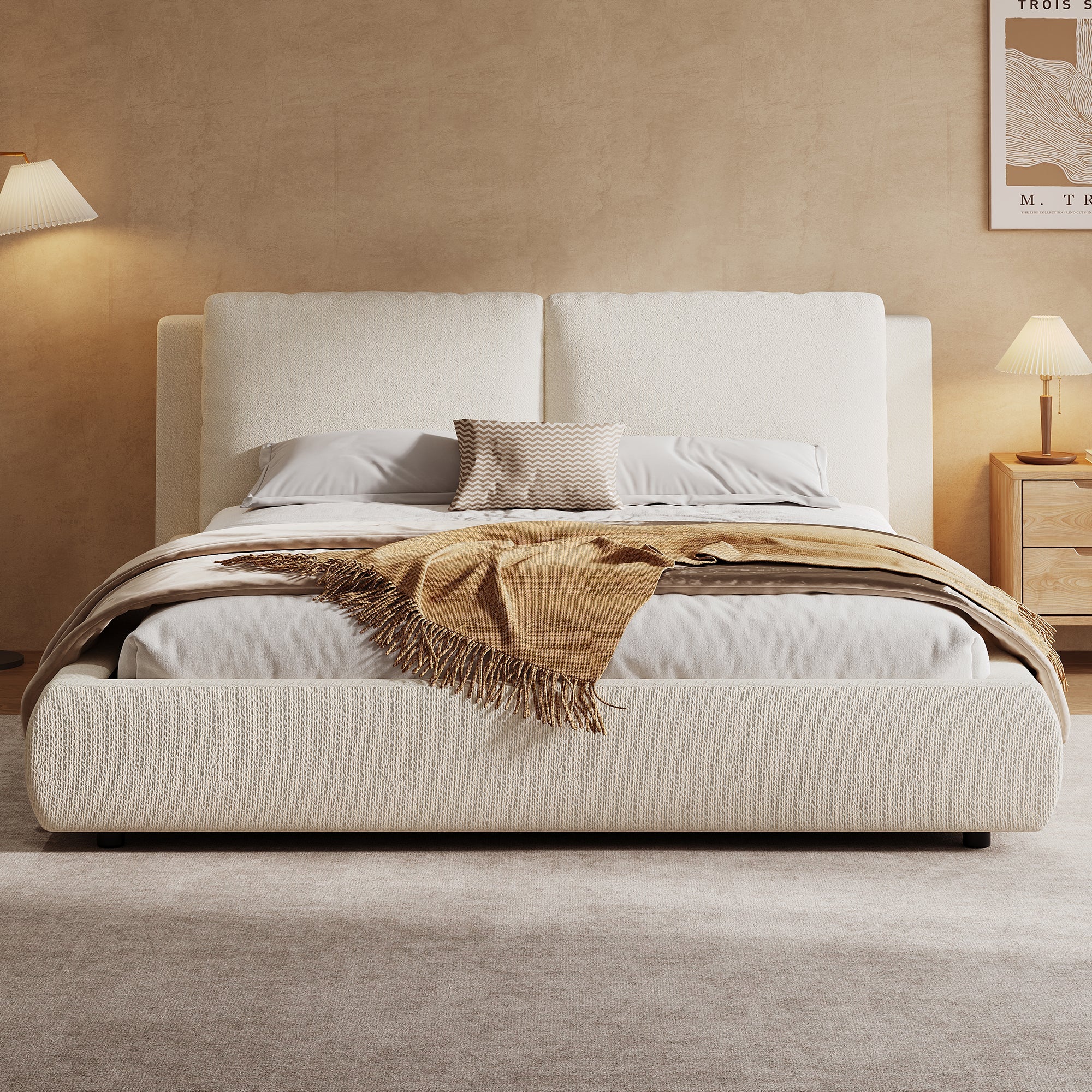 Logidon gestoffeerd bed 180x200 cm met opbergruimte en hydrauliek beige bouclé
