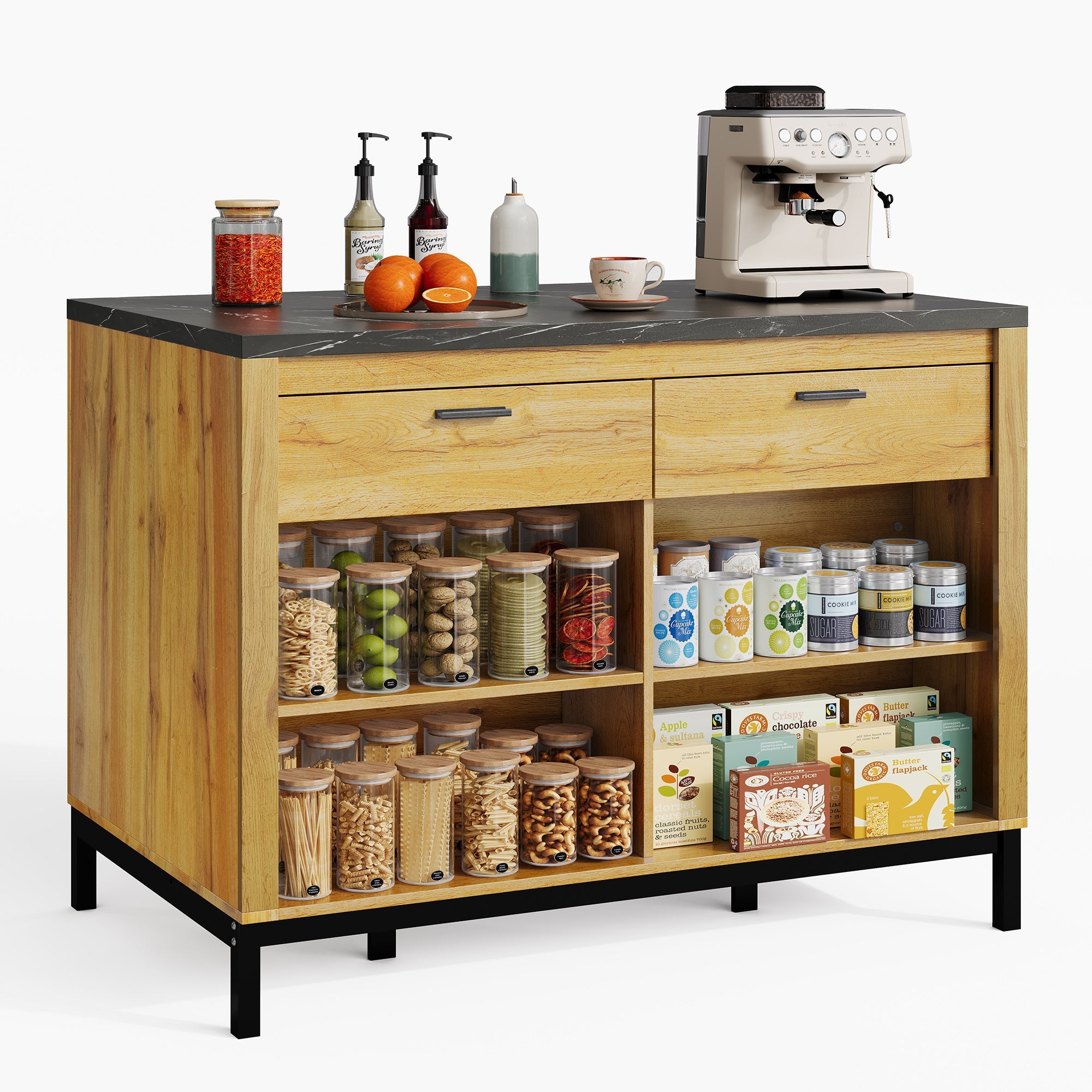 Logidon kitchen island country house style 120x75x90 cm with 2 drawers and 4 shelves