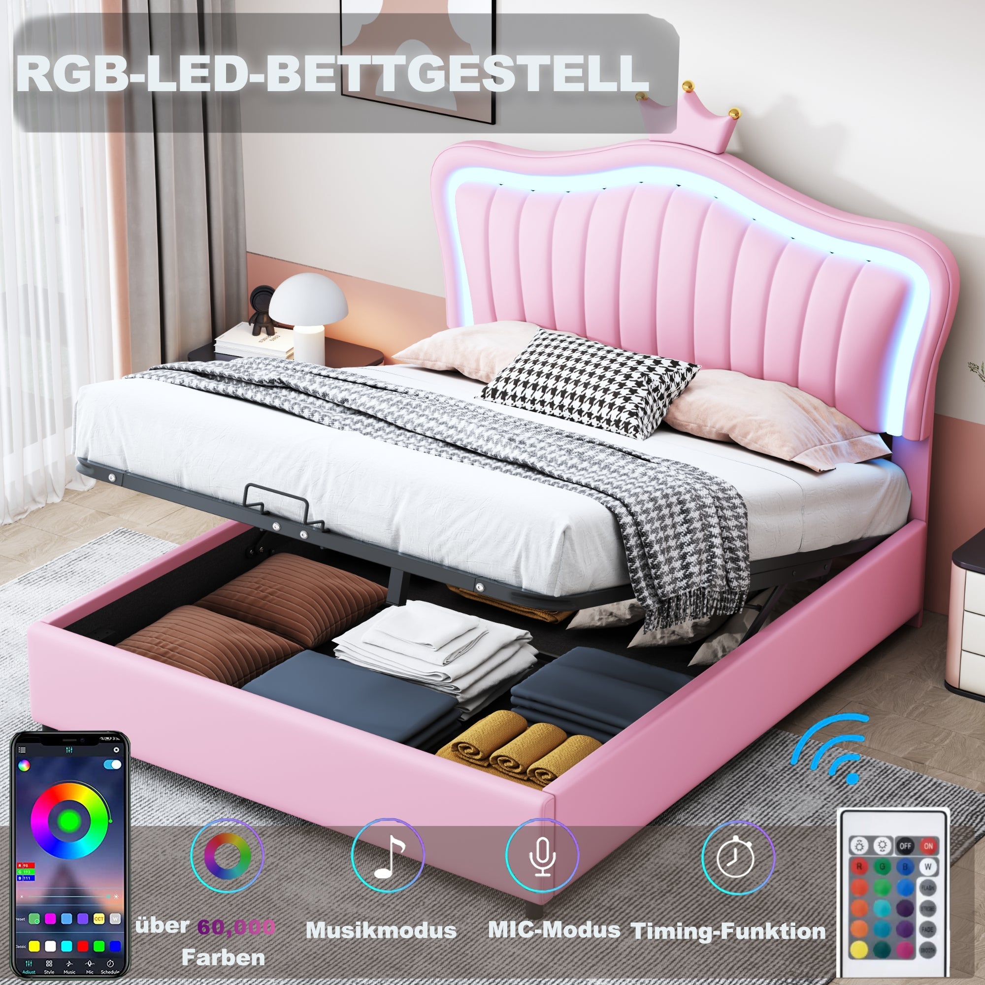 Logidon kinderbed 140x200 roze gestoffeerd bed met hydraulische opbergruimte