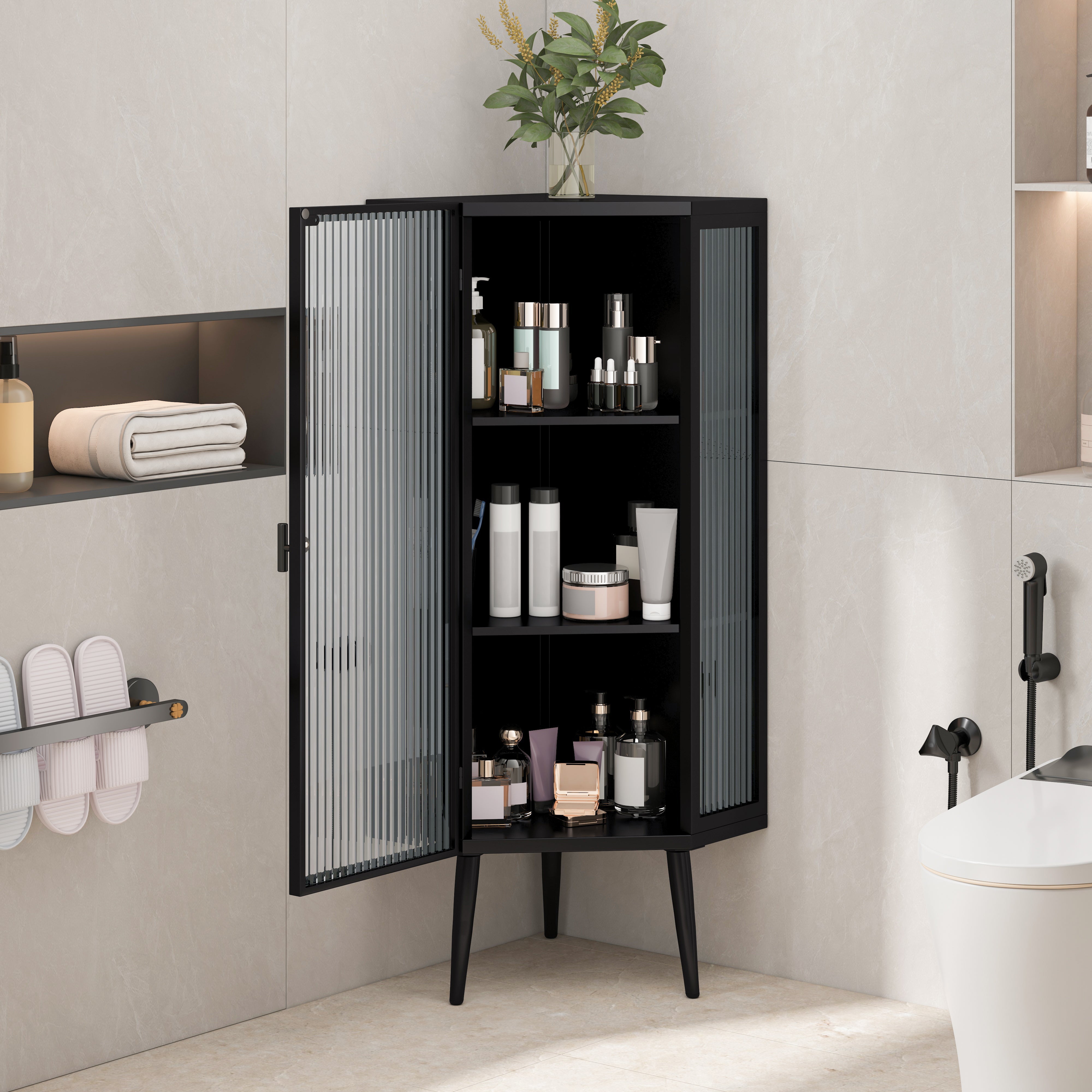 Logidon Hoekkast 56 cm Drie lagen met deuren van gehard glas Zwart