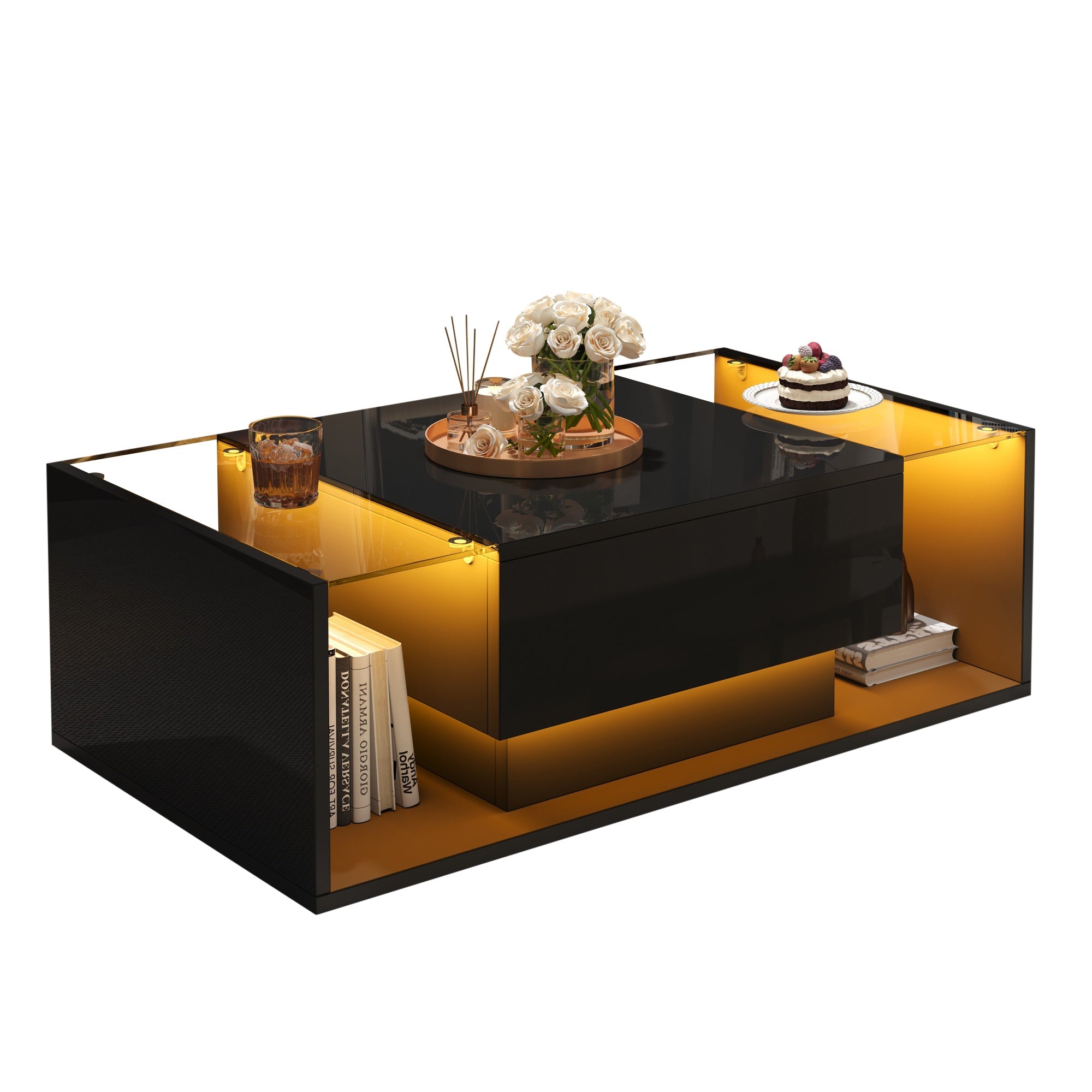Logidon Zwarte hoogglans salontafel 100x50x31 cm met lade LED lichtstrip