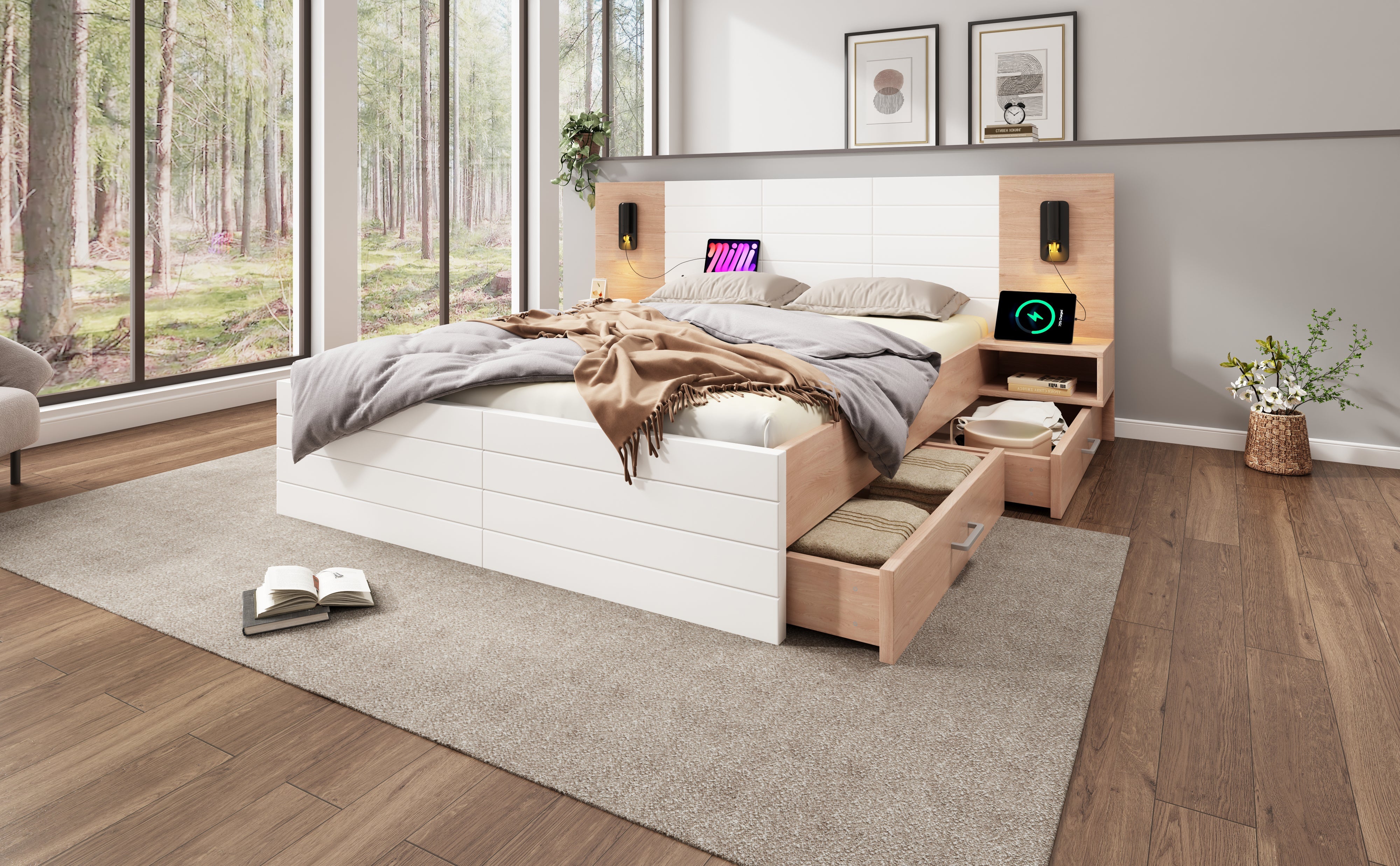 Logidon tweepersoonsbed 160x200 cm in wit eikenhout met 2 laden