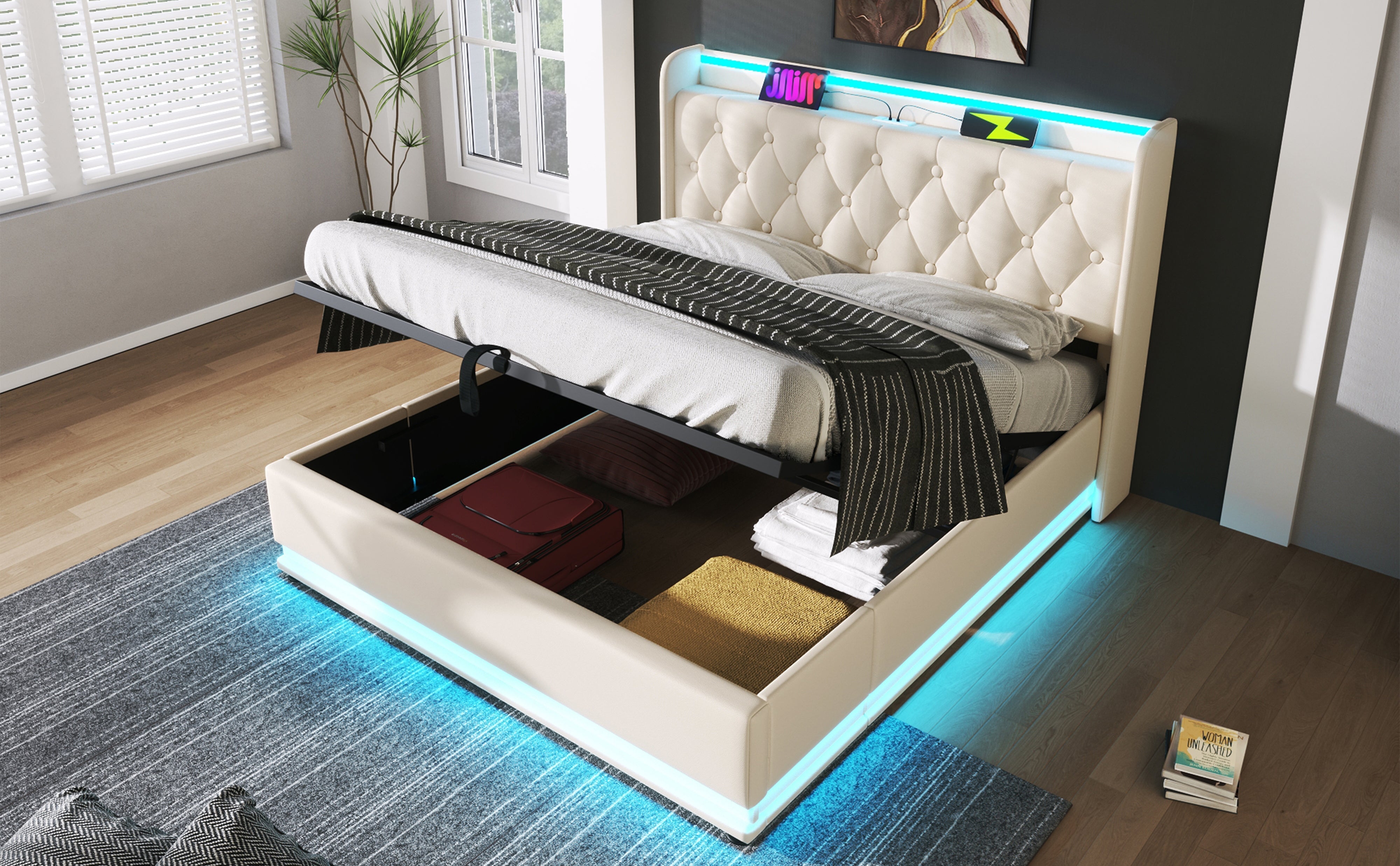 Logidon upholstered bed double bed 360 LED function 140x200 white PU