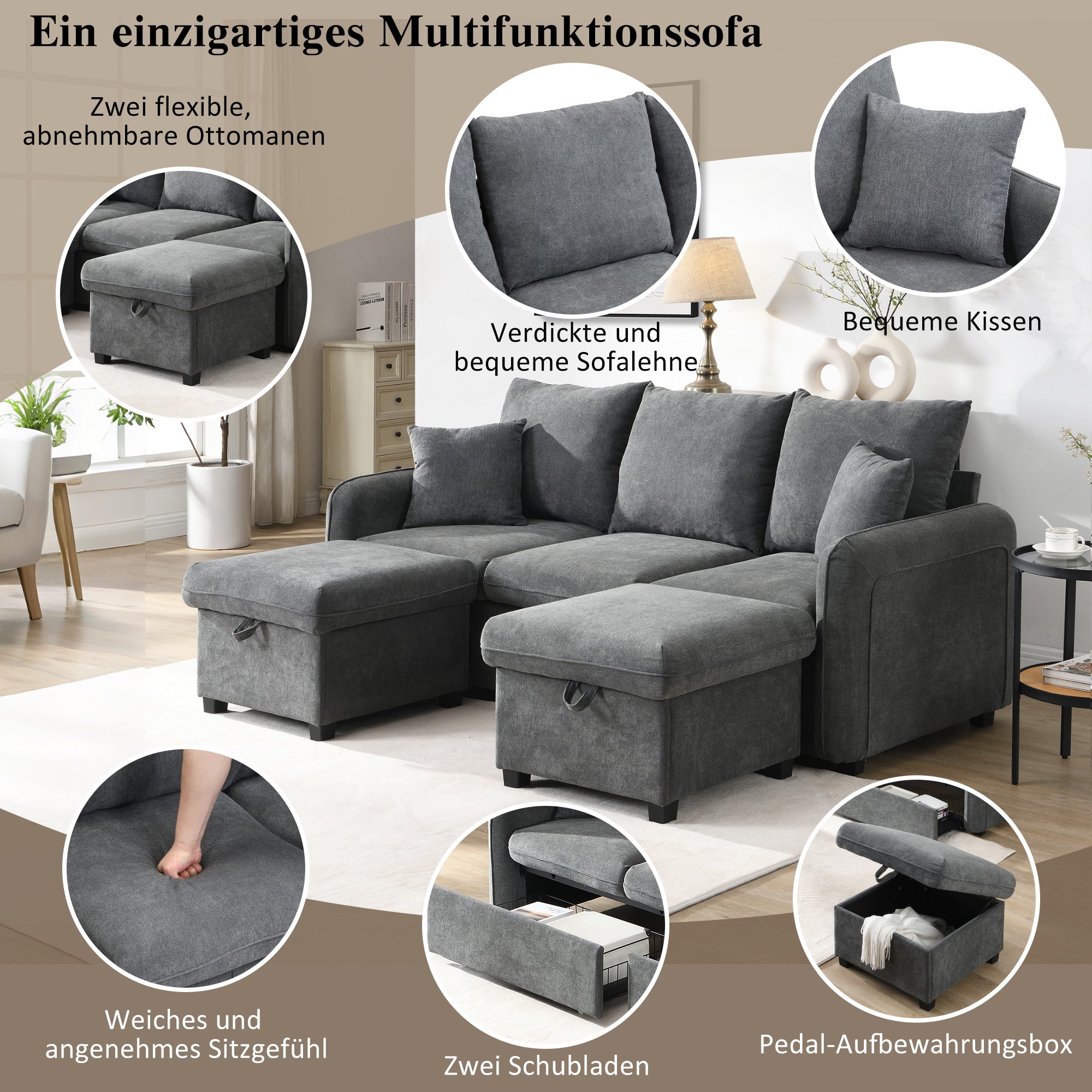 Logidon hoekbank U-vorm 3-zits grijs chenille en slaapfunctie