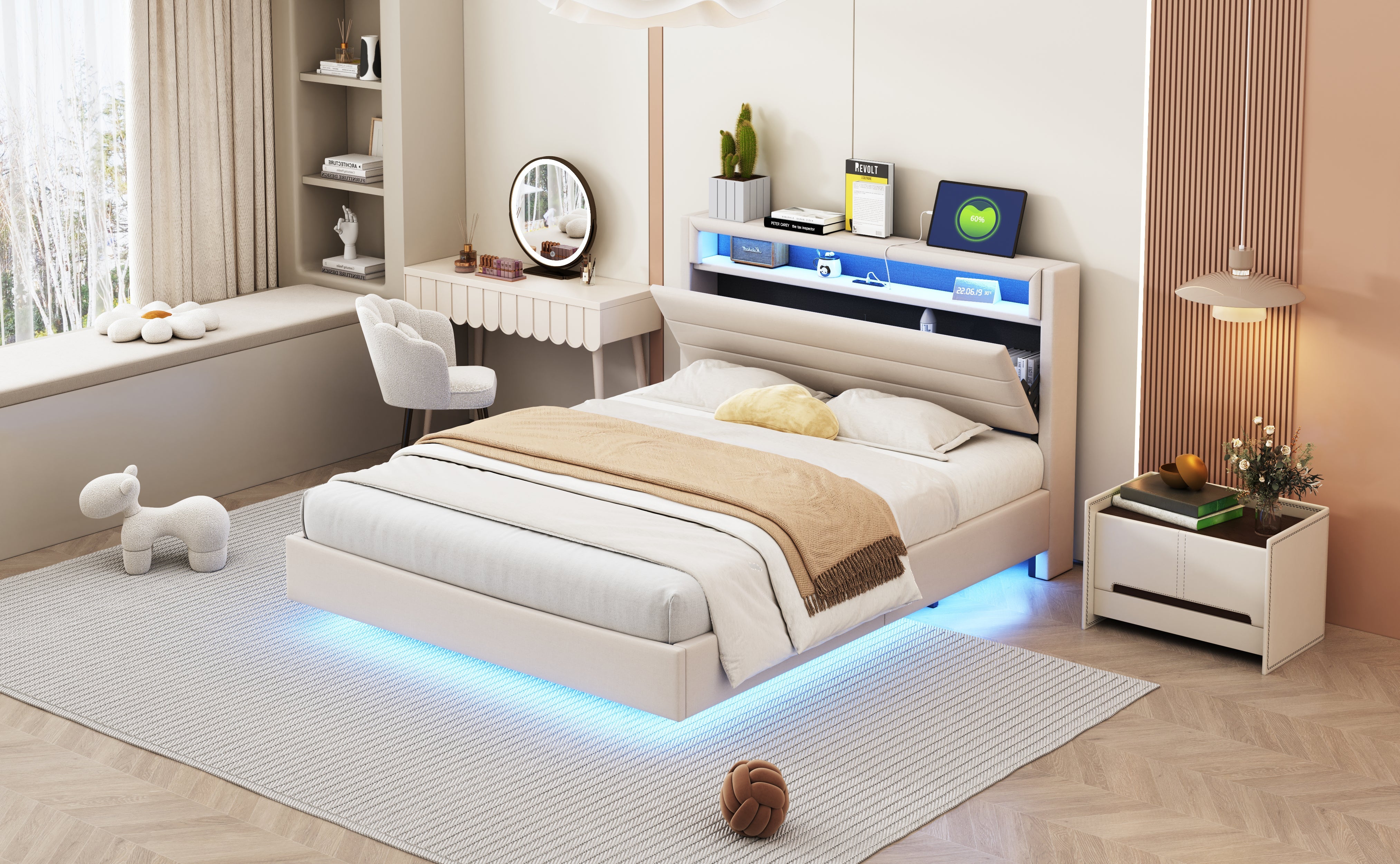 Logidon gestoffeerd bed 140x200 cm met USB oplaadpunt en LED lichtbeige