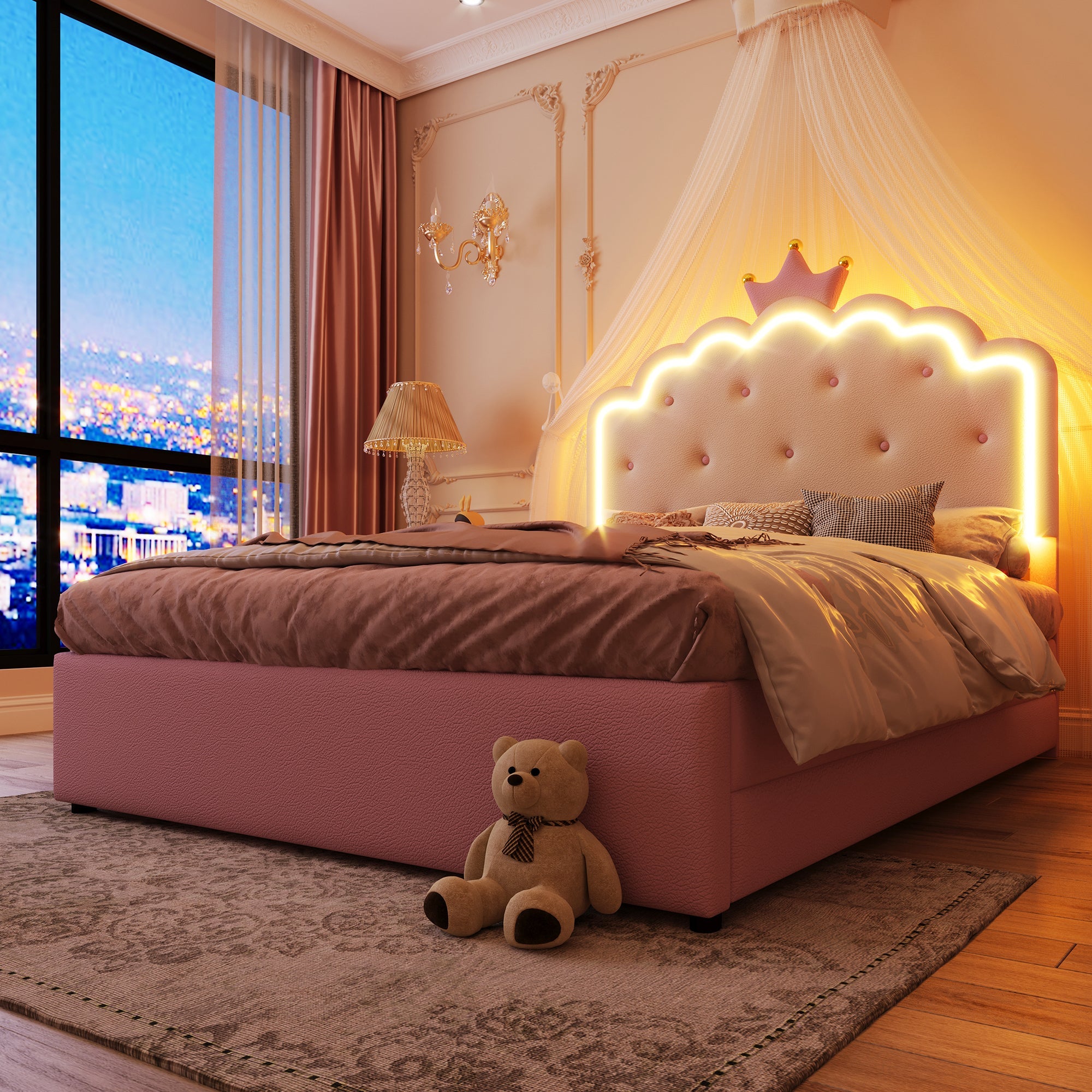 Logidon gestoffeerd bed 140x200 roze met lattenbodem LED-verlichting