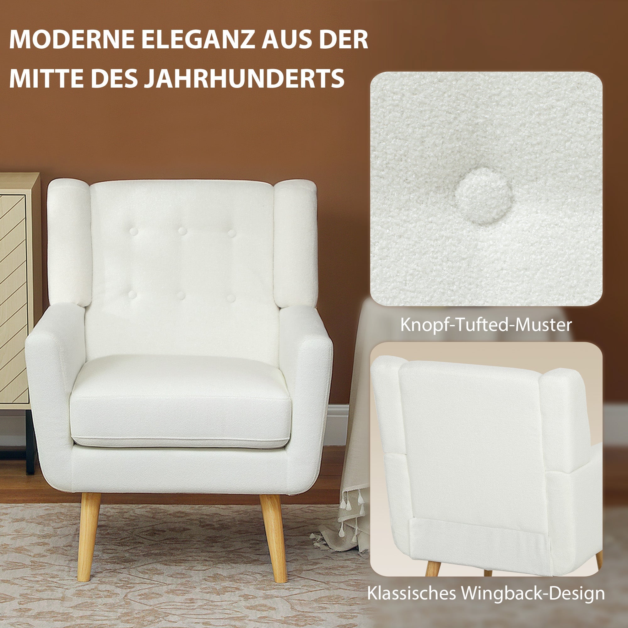Logidon teddyfleece relaxstoel wit getuft, houten poten breedte 75 cm