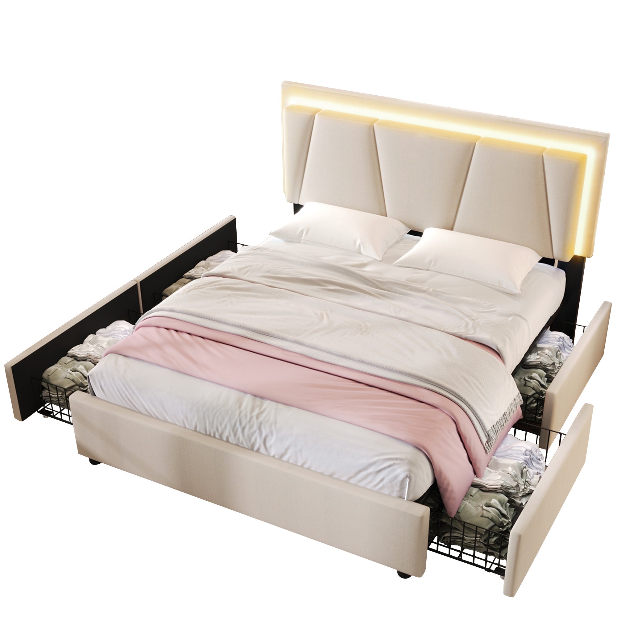 Logidon gestoffeerd bed 160x200 beige met LED verlichting en opbergruimte