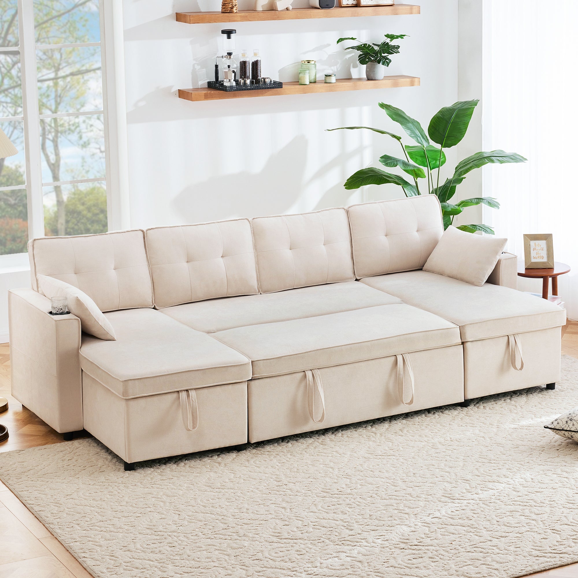 Logidon U-vormige slaapbank, beige stof, grote 4-zits bekerhouder