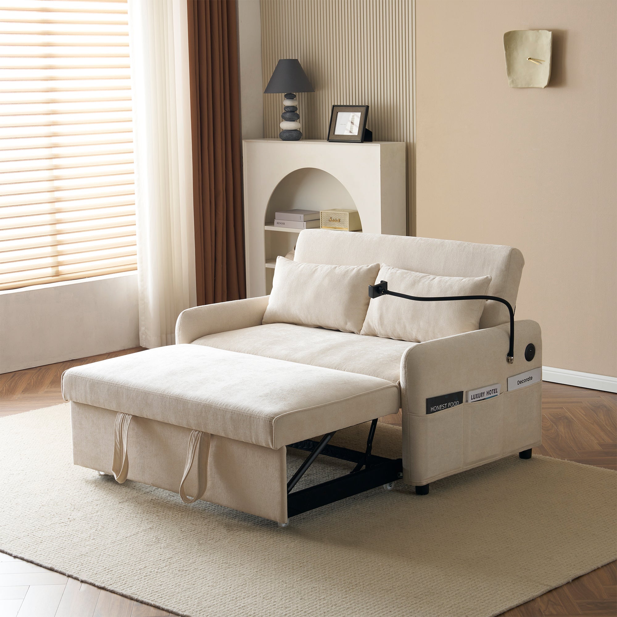 Logidon Moderne Dubbele Vouwbank Beige Chenille Met Slaapfunctie