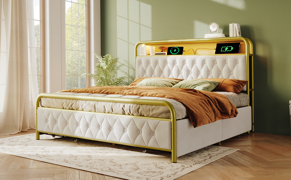 Logidon fluwelen gestoffeerd bed 160x200 wit USB Type C LED app oplaadfunctie