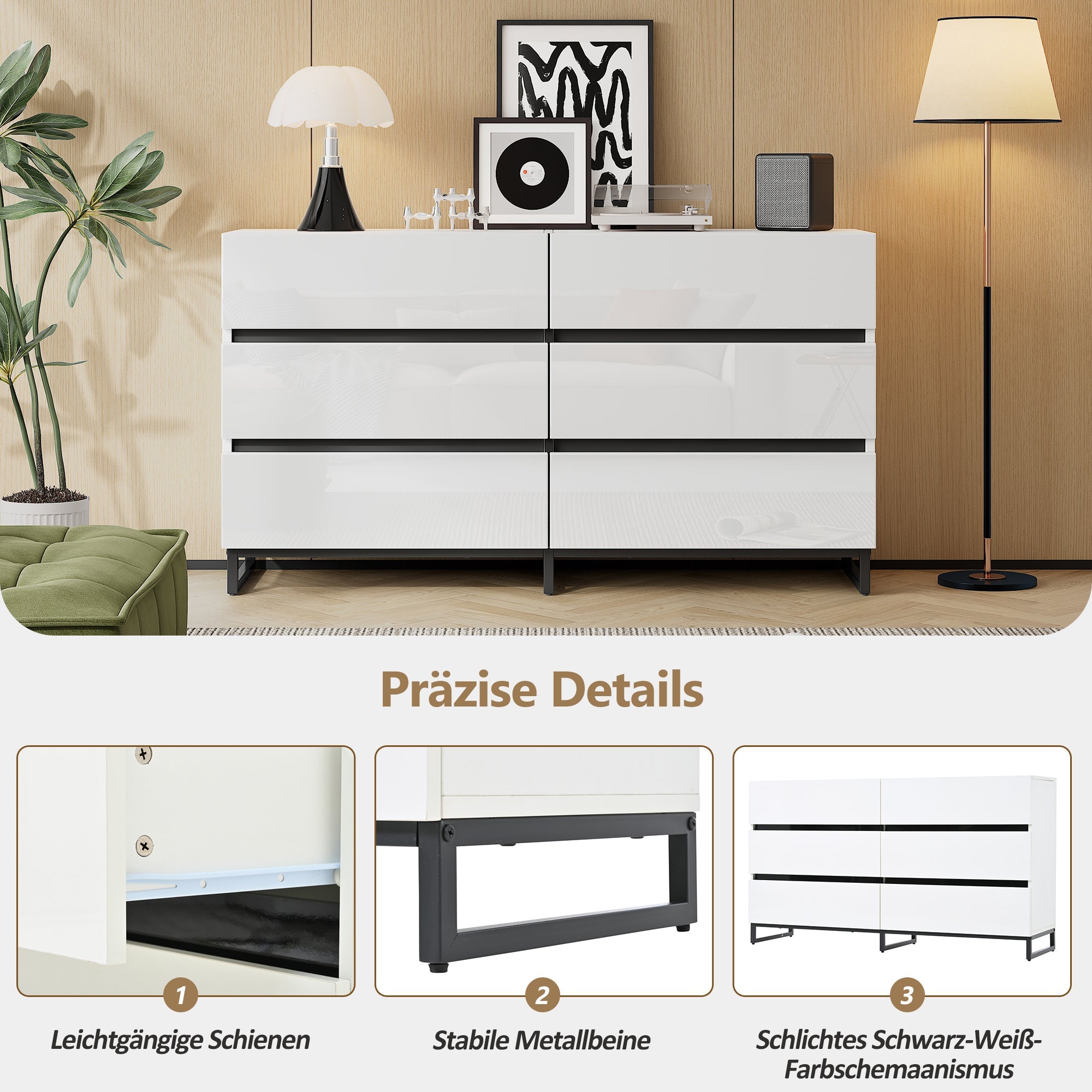 Logidon dressoir 140 cm hoogglans wit zwart met 6 lades