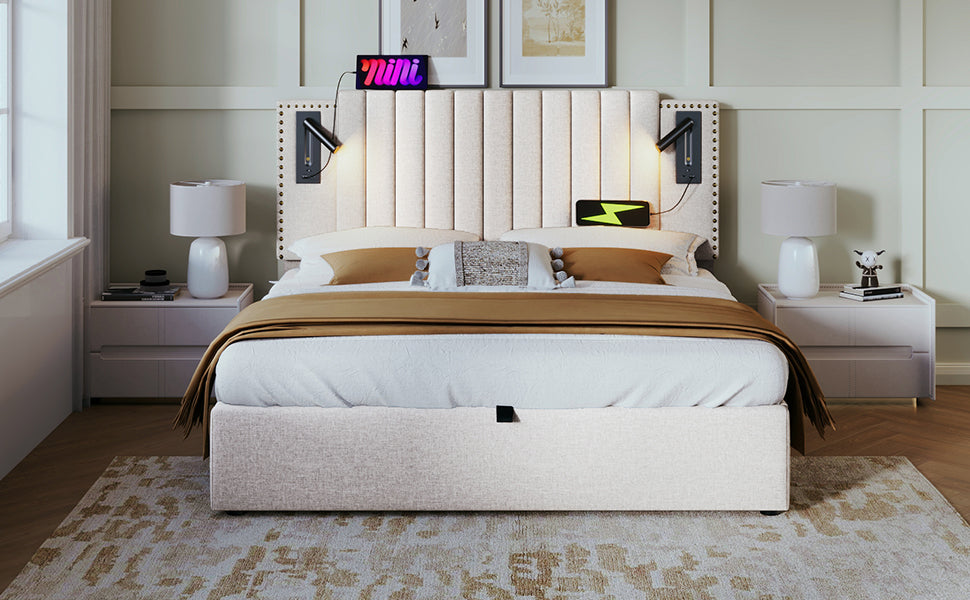 Logidon gestoffeerd bed 160x200 beige met opbergruimte en USB-leeslamp