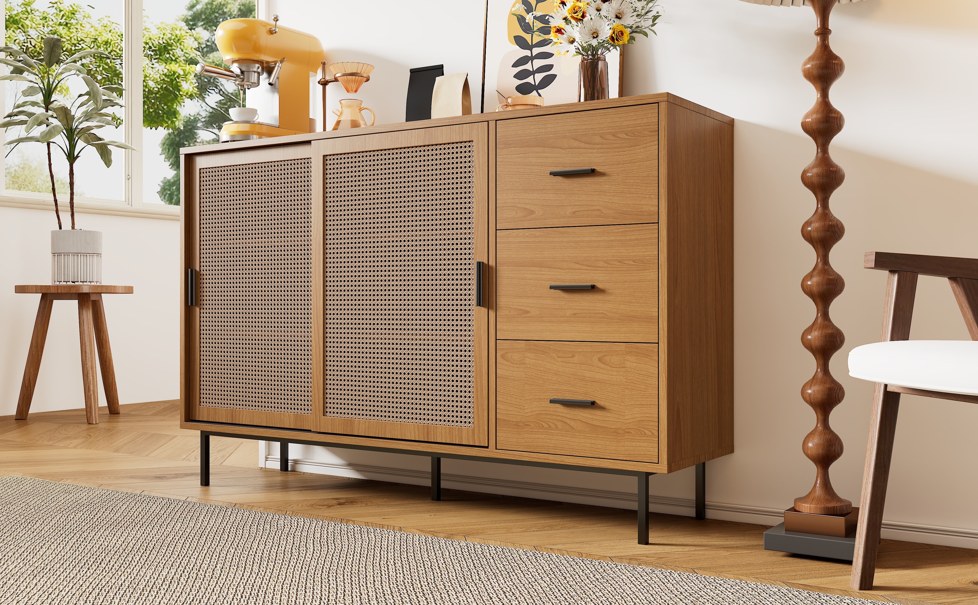 Logidon dressoir naturel 140x37x91cm met 2 schuifdeuren en 3 lades