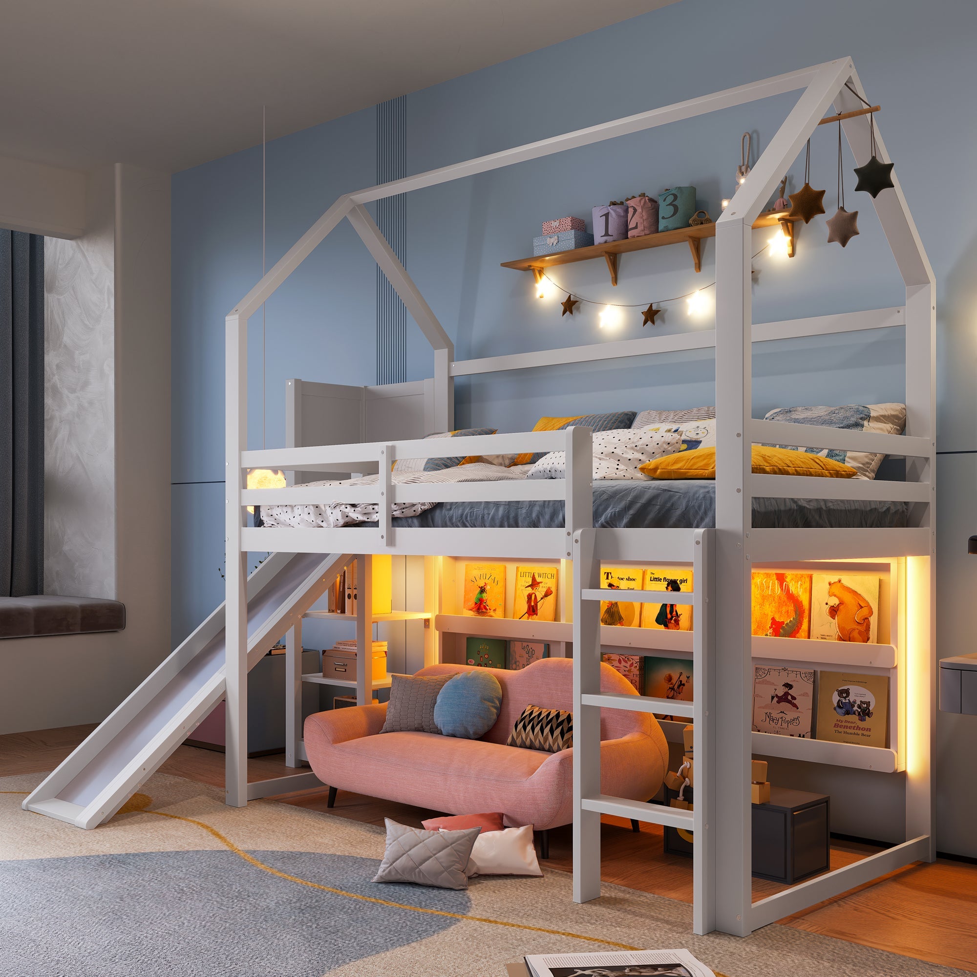 Logidon hoogslaper 90x200 cm met LED-strip huisvorm wit