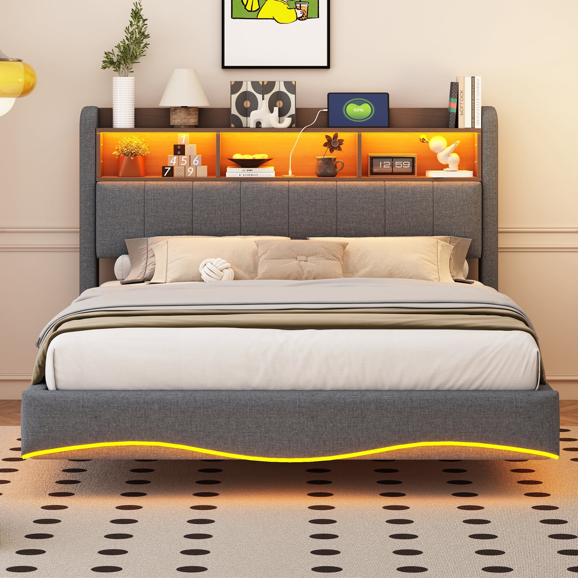 Logidon upholstered bed 140x200 gray with LED light USB storage space