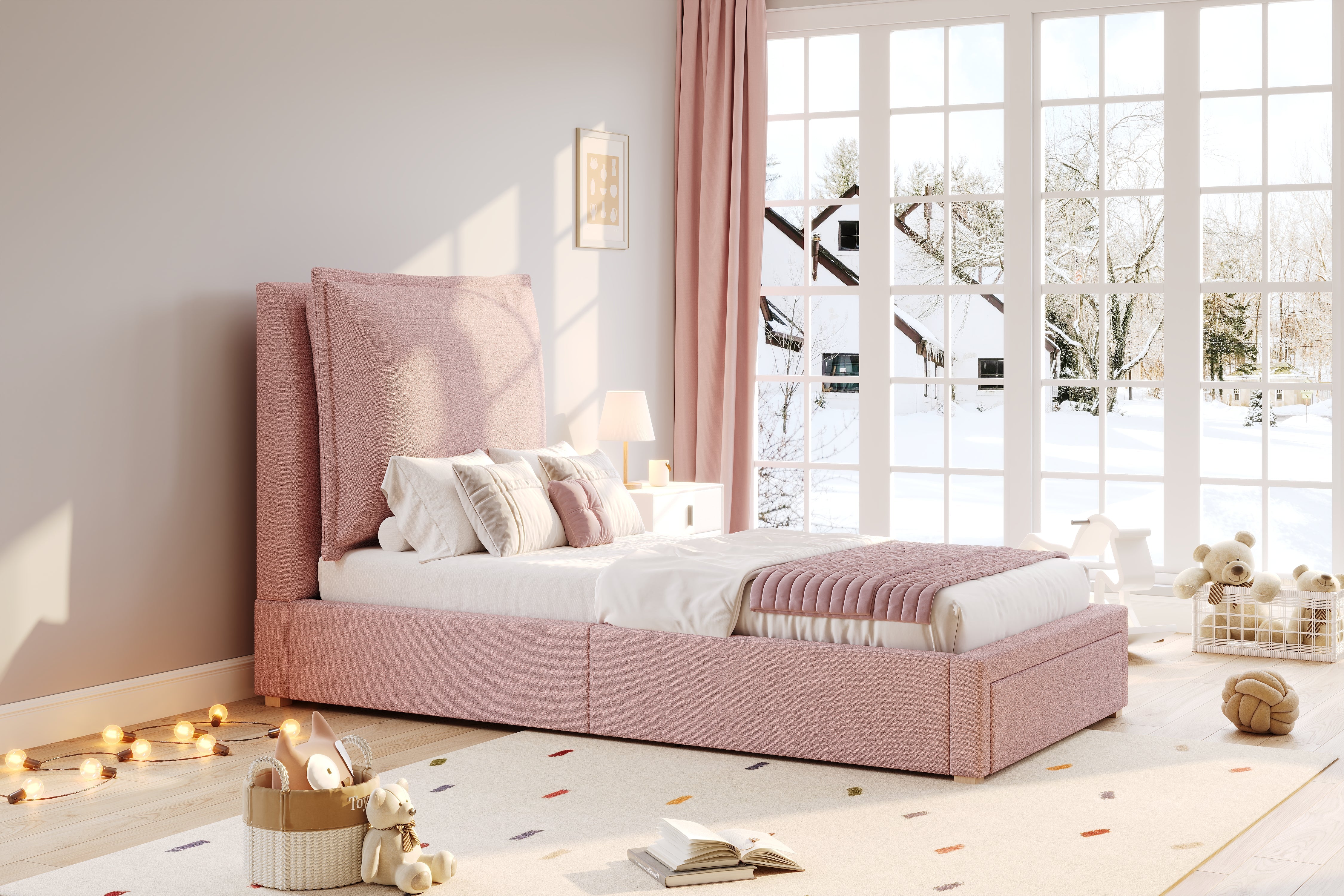 Logidon gestoffeerd bed 90x200 roze chenille met opbergruimte en lattenbodem